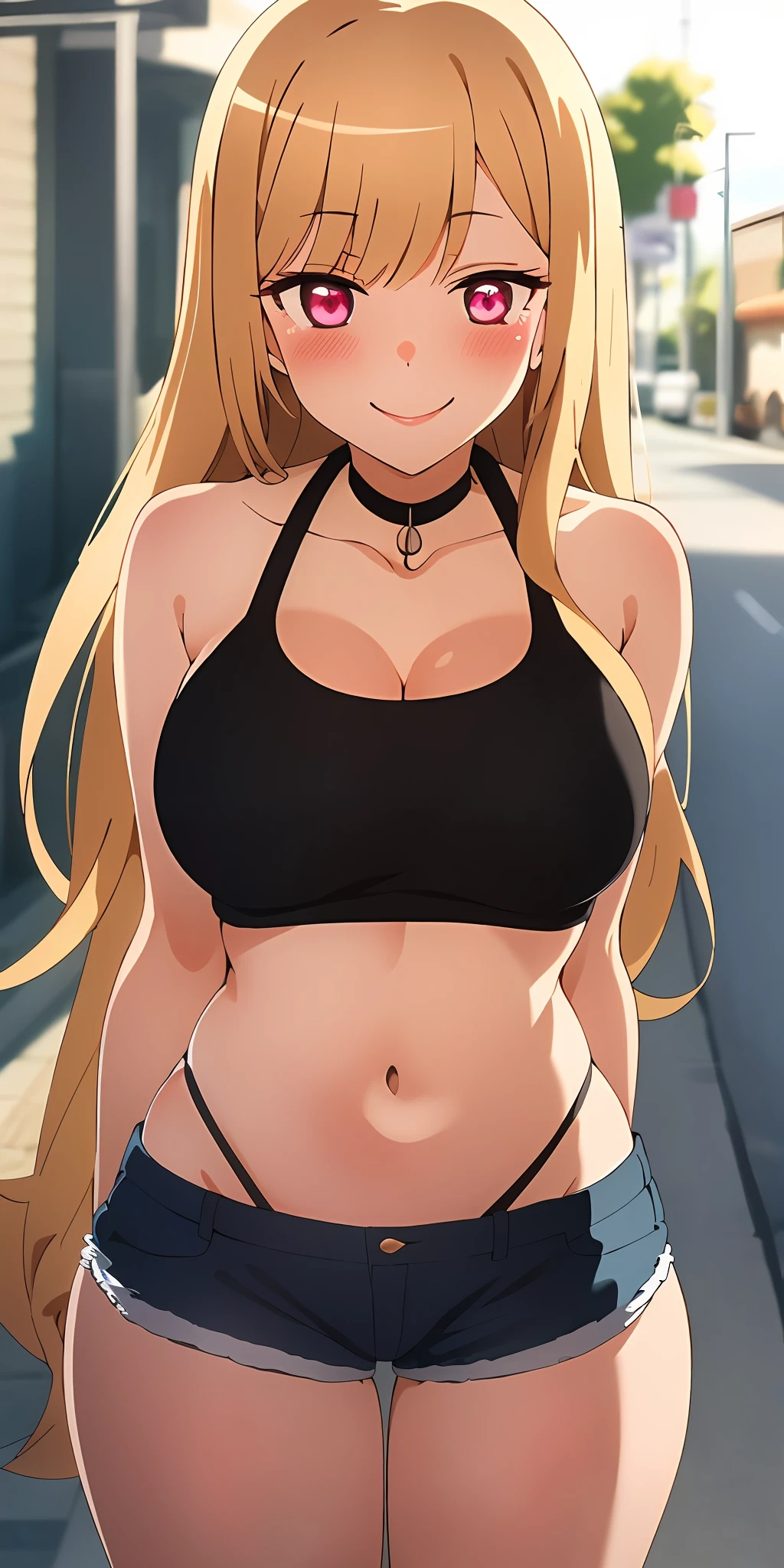 (Best quality:1.3), kitagawa, large breasts, tight crop top, shorts, smiling, street background, (pov, blushing:1.3)