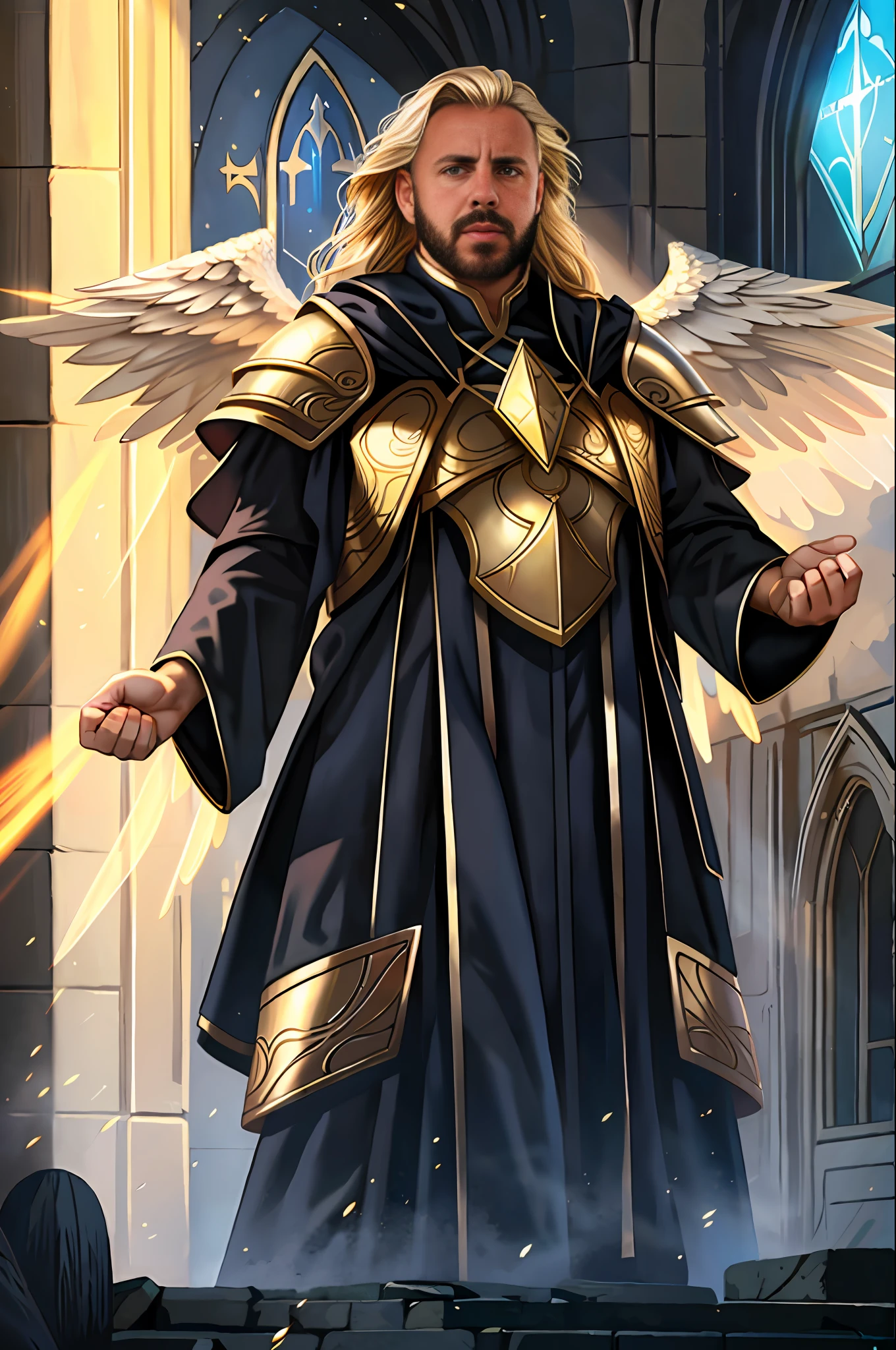 magv1ll, ((masterpiece:1.2, best quality)), 4k, adult, 1man, male, mature, aged up, handsome, very tall, thin, broad shoulders, long blonde hair, blue eyes, cleric, holy, holding a holy symbol in his chest, wearing a black robe, armor, angelical wings, destroyed church, red and black light