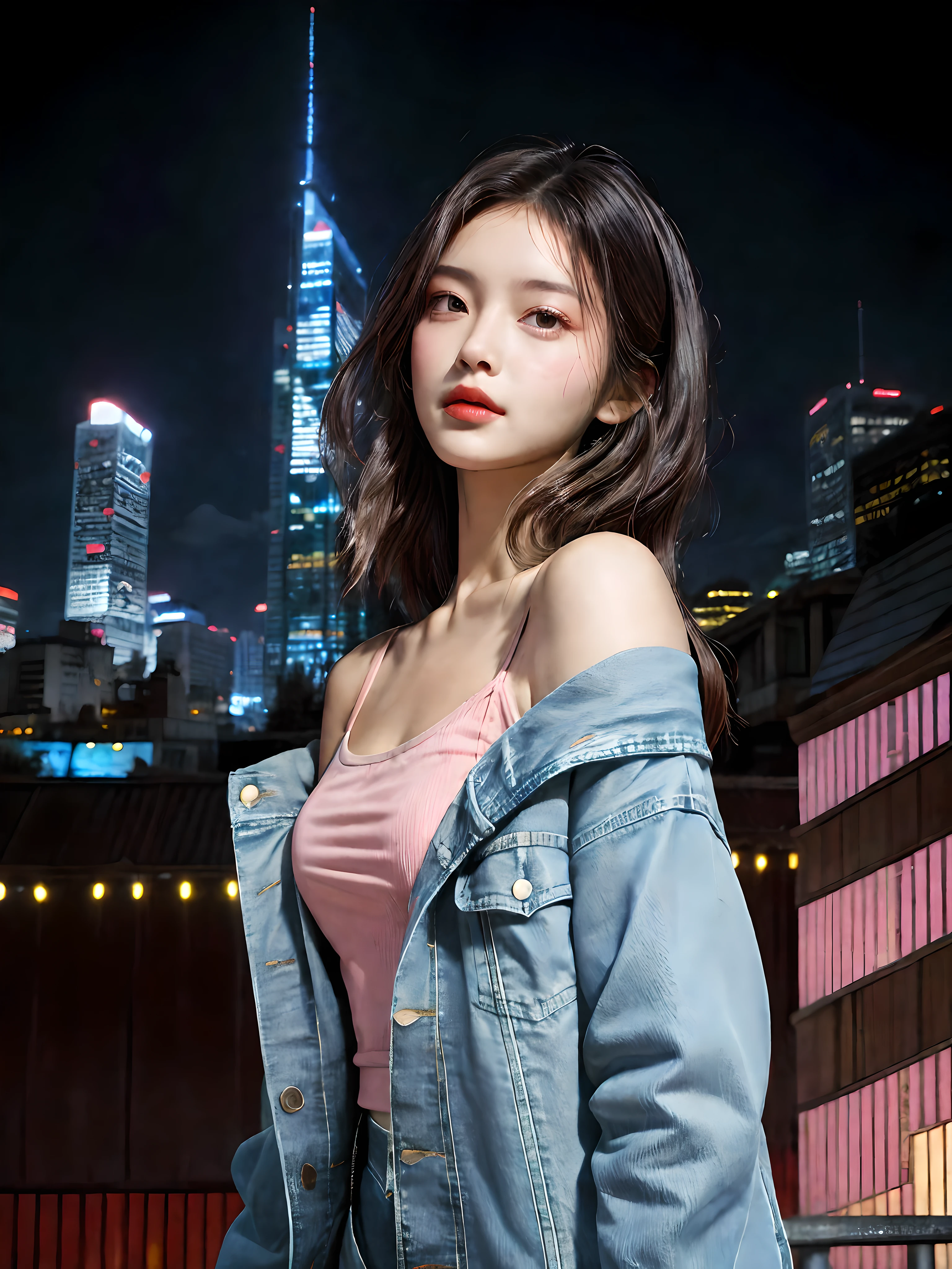 A beautiful mesmerizing girl with an enchanting gaze, a gentle and soft smile, and a rosy blush, donning a trendy denim jacket and a stylish cami top with an open shoulder. Captured in a dynamic side angle shot against the backdrop of a vibrant city street lined with towering buildings and sky scrappers, night.
