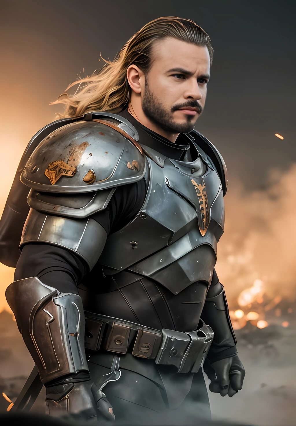 focus, hecavill, sks person,  closeup, action pose, dynamic angle,
(upper body:1.2), 
, night, solo, 1boy, full armor, battle-worn armor, bulky,  40k, lion'el, blonde hair, slickedback hair, facial scaring, old,  ruins, battle field,
[(
slow motion, motion blur, dynamic, 
Cinematic film still, sparks,  battle field, 
((Best quality)), 
8K RAW, 
ravishing, (vivid bright colors:1.3), vibrant,  best quality,
 8k, artstation, 
by Esaias van de Velde, Cagnaccio di San Pietro, Warwick , Theo van Rysselberghe, negative space, colorgraded, Cinematic film still, analog style, RAW photo, hyper real photo, ultrarealistic , 8k uhd, dslr, soft lighting, high quality, film grain 50mm lens,  colorgraded, volumetric lighting, volumetric fog,  absurdres, , realistic,  Cinematic composition, 
back lighting,
):8]