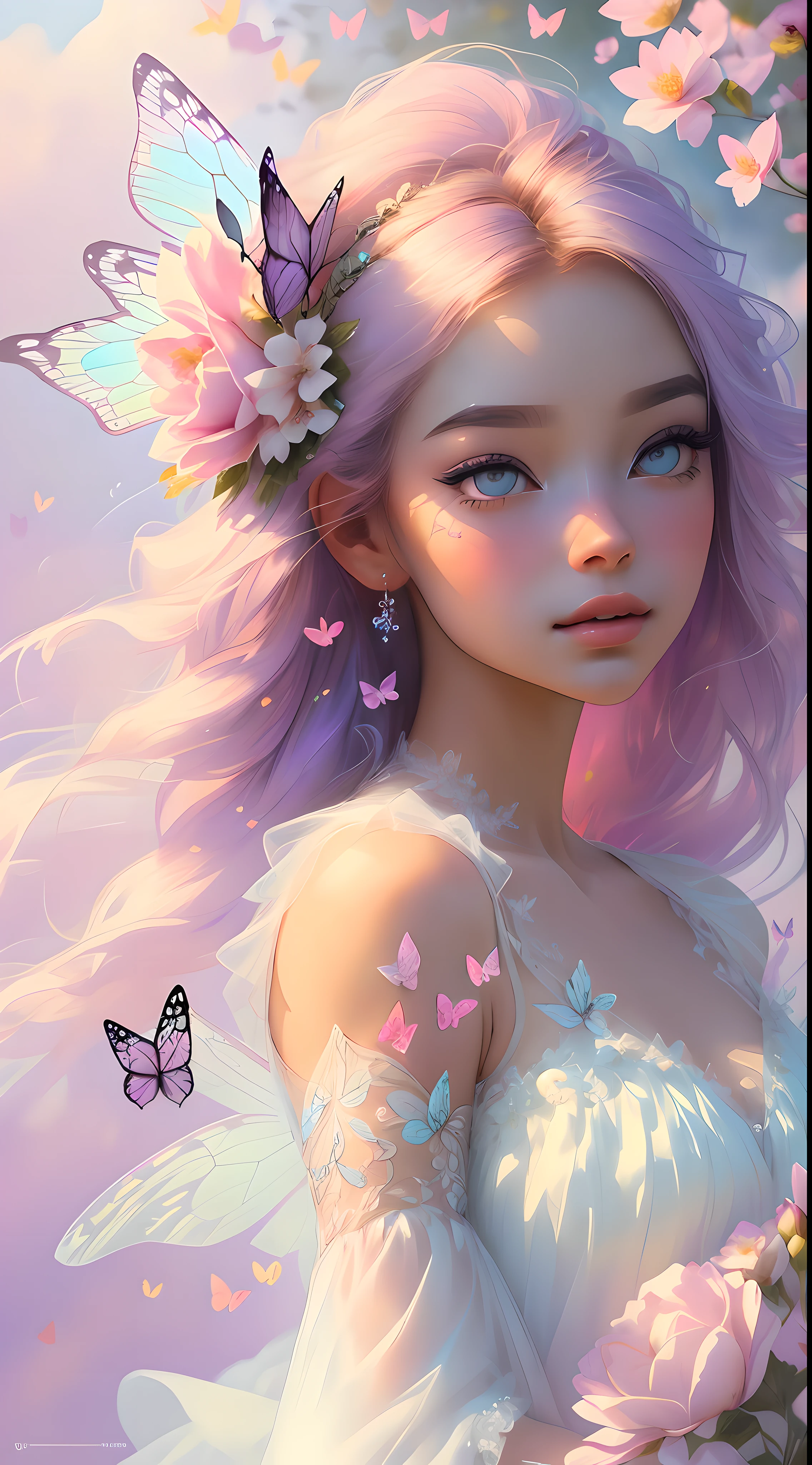 The colors in this image are soft and draw inspiration from gentle watercolors and should be (((primarily pink and purple))). Generate a delicate and demure flower fairy with soft hair dancing in the wind and intricately braided. Her sweet, gentle face has puffy, big lips and stunning, highly realistic eyes. She has beautiful detail eyes, beautiful detailed eyes, realistically shaded eyes in vibrant colors. ((She is wearing a delicate ((fairy dress)) of clouds, gossamer silk, and satin.)) She is surrounded by ethereal flowers of varying sizes and colors. The background is wild and unruly, with delicate flowers dancing in the wind and creating a dynamic and compelling image. A flowered headdress adorns her head and soft petals fall around her. The flowers in this artwork are realistic and very detailed and come in different shapes and sizes. Include a soft watercolor sky. Include realistic hair and skin texture. Include fantasy details, enhanced details, colorful glittering wind, and pollen. ((Pay special attention to her face and make sure it is sweet and realistically detailed.)) (((((The image should be dreamy and ethereal.))))) Include intricate fantasy details. 8k, intricate, elegant, highly detailed, majestic, digital photography, art by artgerm and ruan jia and greg rutkowski surreal painting pearl butterfly filigree, flower petals, (masterpiece, finely detailed beautiful eyes: 1.2), hdr, realistic skin texture, ((ornate)), ((intricate)), ((fantasy00d:1.2)), rays of light, (add details), (((highly detailed butterflies))), translucent butterflies, ornate flowers, dew drops, sunlight, rays of sun, ((((sweet, virgin, pure)))). A soft pink haze should emphasize this artwork's dreamy etherealness. (Best Quality, Masterpiece), 1girl, Pose, Particle, Wind, Flower, Upper Body, Pink and White Color Scheme, Flower Fairy, Wings, Forest, Butterfly