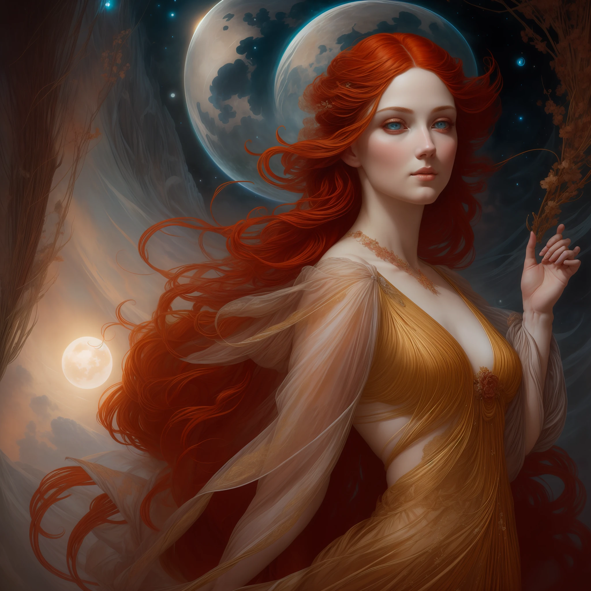 A woman with porcelain skin, long red hair, with a delicate and ethereal beauty, her skin glowing in the moonlight, dynamic colors, ultra-detailed, Full Shot, Karol Bak style, stanley artgermm, tom bagshaw, greg rutkowski, flesh griffiths, ayami kojima. 4k