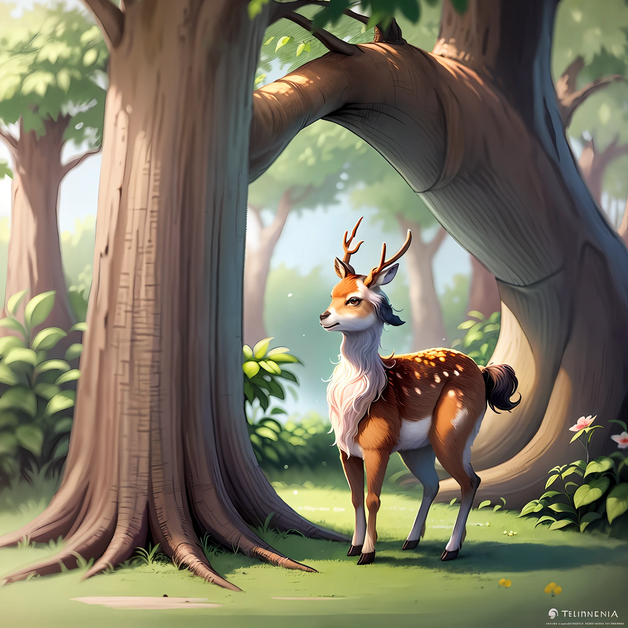 There is a deer standing in the forest near a tree, arte digital detalhada bonito, painting digital adorable, anthropomorphic deer, criatura fofa da floresta, an anthropomorphic deer, Beautiful digital illustration, Arte de fundo, arte de pintura digital dos desenhos animados, realistic illustration, pintura digital altamente detalhada, pintura digital detalhada, baixo detalhamento. pintura digital, Cena realista, bela arte digital