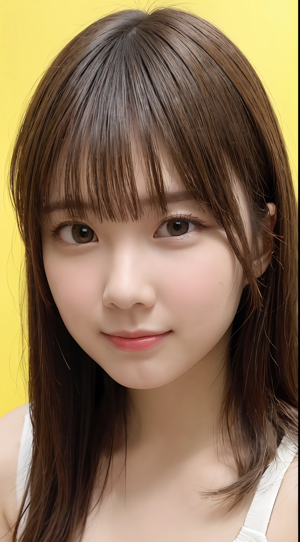 masterpiece, best quality, 8k, absurdres, (upper body:1.4), white shirt, beautiful girl, pretty face, looking at viewer, smile, ultra realistic, highres, photography, film grain, chromatic aberration, sharp focus, HDR, facelight, dynamic lighting, cinematic lighting, professional shadow, simple background, (dull yellow background:1.4), highest detailed, extreme detailed, ultra detailed, finely detail, real skin, delicate facial features, detailed face and eyes, sharp pupils, realistic pupils, (korean, japanese, chinese:0.3)