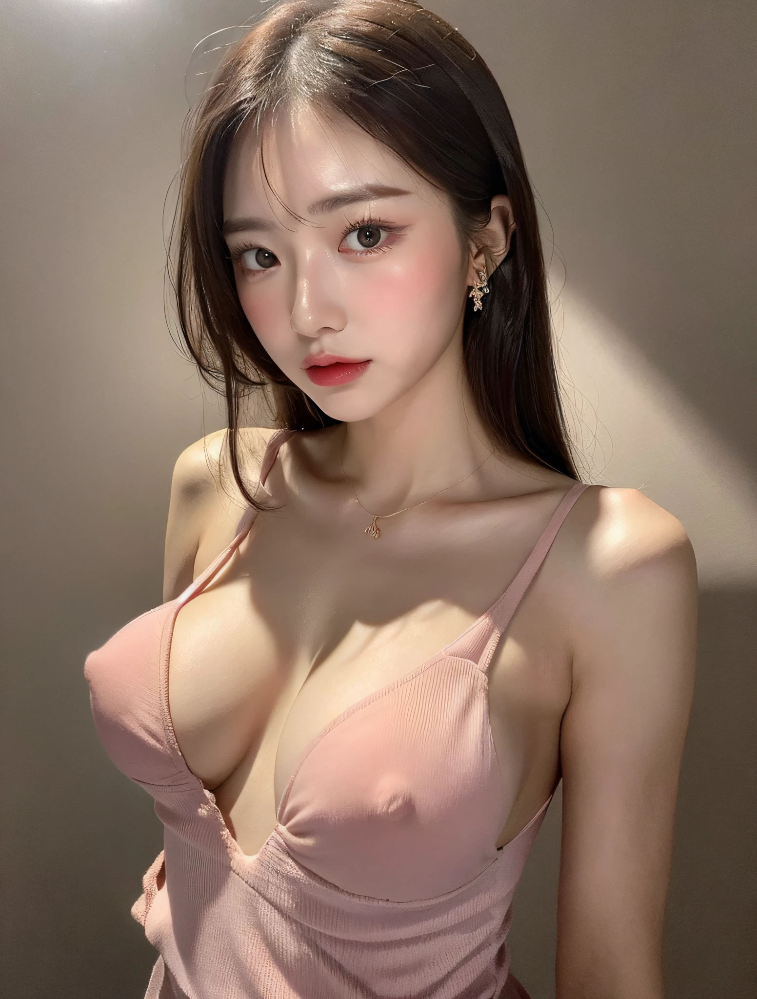 Sexy and attractive beautiful woman, delicate and beautiful face, C-cup breasts, delicate collarbone, attractive scented shoulders, low cut pink wrap dress without suspenders, full body photo, front-facing body, sexy and provocative pose, beautiful and delicate cute face, pink lips, face flushed, face shy, fragrant shoulders slightly exposed, chest looming, face focused, Attractive and exquisite collarbone, ultra high resolution, skin is soft and smooth, very realistic details, simple background, ultra high definition, outstanding detail, 8K, red face, attractive collarbone, sexy shoulders, blushed cheeks, upper lip biting lower lip, big eyes, extremely shy,
