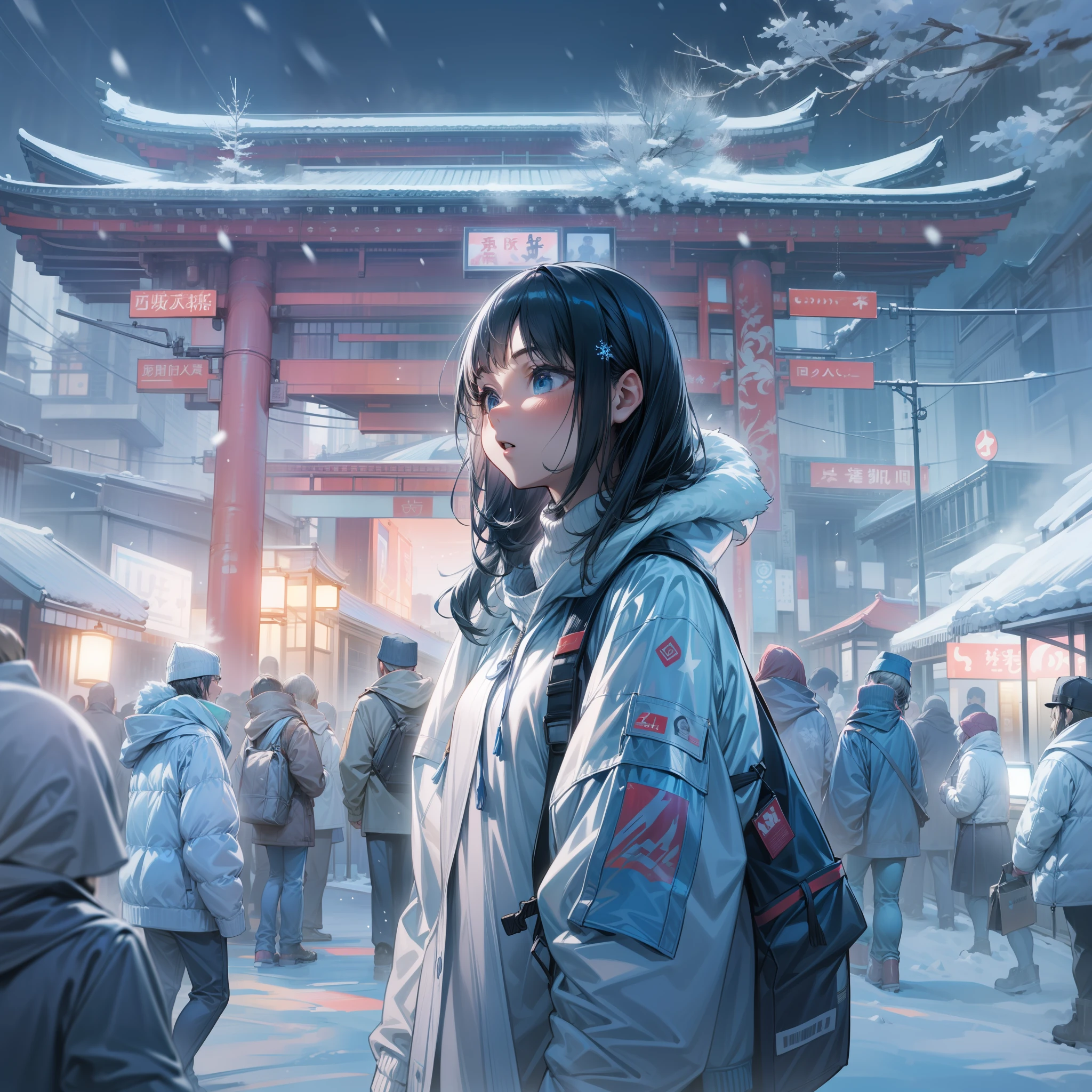 Winter sunrise in a futuristic Japan depicted in 8K ultra-high resolution。At the center is a young woman full of energy。Her black hair shortcut is、Partially illuminated in white and blue holographic colors、Symbolizes the cold of winter。
Her attire is contemporary, yet、It has a futuristic feel。Warm knitted sweaters、It emits light according to the movements of her body。Skinny pants with transparent snowflake pattern、It rocks lightly every time she walks。At the foot、Futuristic snow boots with twinkling white lights。
In her hands、Self-learning AI controlled hologram snowflake。It depends on her movements、Produces snowflakes large and small。
Spreading behind、Snowy cityscape。The buildings of the future that stand in it are、It stores solar energy and emits light.、Its light changes color in sync with the winter sunrise。In the distance、Mt. Fuji, a symbol of Japan、Looks beautiful covered in snow。
In the center of the city、The venues of the winter festival formed by AI-controlled hologram technology are expanding。Here、Future VR skiing experiences and、You can enjoy the warm winter gastronomy provided by AI。The hustle and bustle of the festival、music、And the sound of digital wind chimes swaying in the wind、It further emphasizes the atmosphere of winter Japan in the near future.。