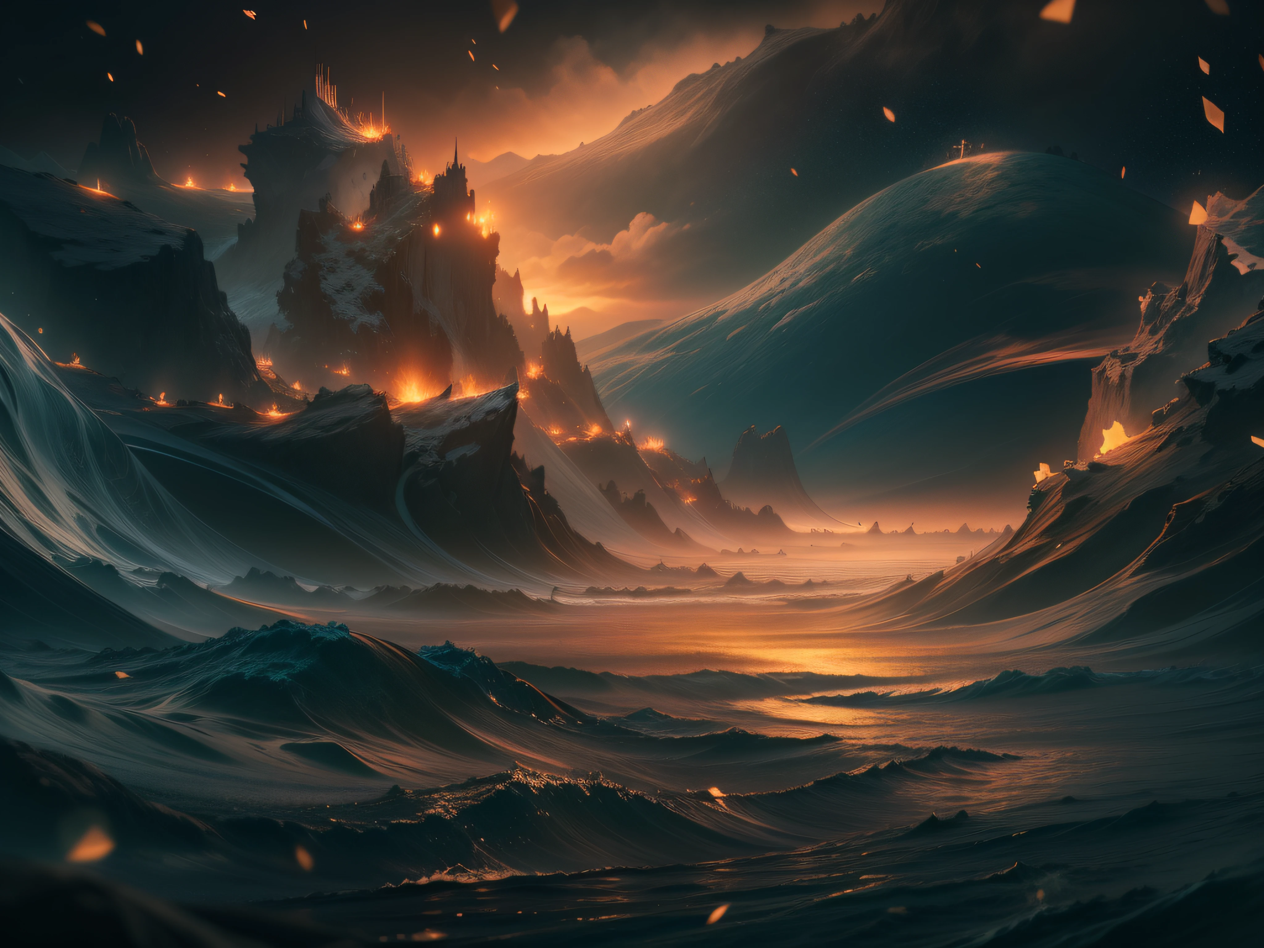 sunrise view of the sea and mountains with beautiful stars, glowing, highly detailed, epic, cinematic, stylized, photographic, high resolution, 8k, never before seen, paradise scene, spiritual sky, holocaust. muted colors:1 4, flood, ocean, texture of planet jupiter on waves:1.4, deep water, light reflections, luminous particles, muted colors, detail, glitch art, dark environment, 8k, oil painting, mixed technique digital art, digital painting, ultra smooth, fluid, 3d fractals:1. 4, light particles, spirit ink, smooth, shimmering, dreamy glow, 16k, sf, complex art masterpiece, sinister, matte film poster, golden ratio, intricate, epic, highly detailed, bright, production cinematic rendering ultra-high quality, epic realistic, faded, ((neutral colors)), art, (hdr:1. 5), (muted colors:1.2), hyperdetailed, (artstation:1.5), cinematic, warm light, dramatic light, (complex details:1.1), complex background