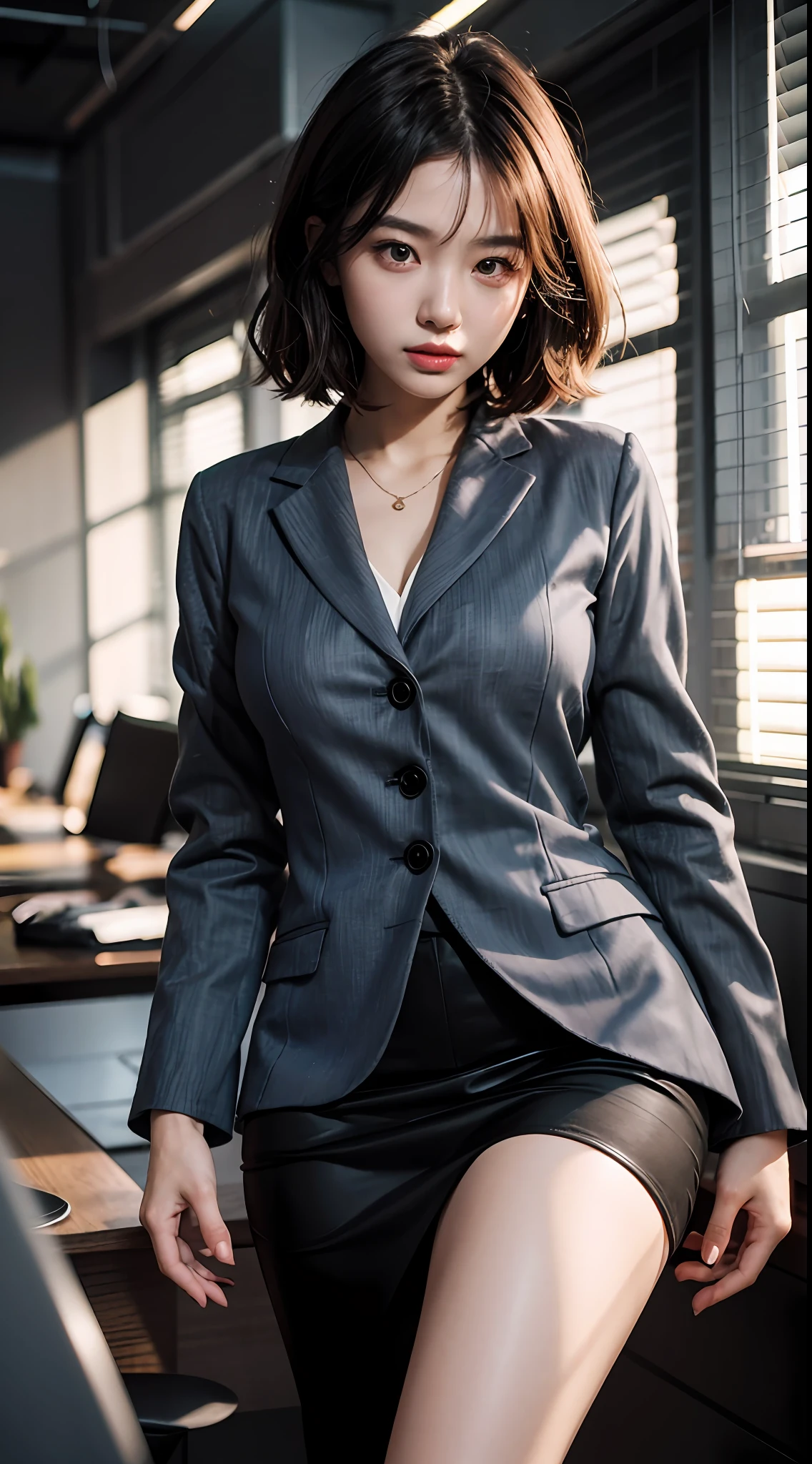 1girl in, (((shorth hair))), Business suits,(​masterpiece, top-quality, Near and far law), beautiful expression, in 8K, Raw foto, Photorealsitic, film grains, chromatic abberation, hight resolution, ultra-detailliert, finely detail, 动态照明, Dramatic Lighting、shadowy、extremely detailed eye and face、Round pupils、Modern and luxurious office、long legged