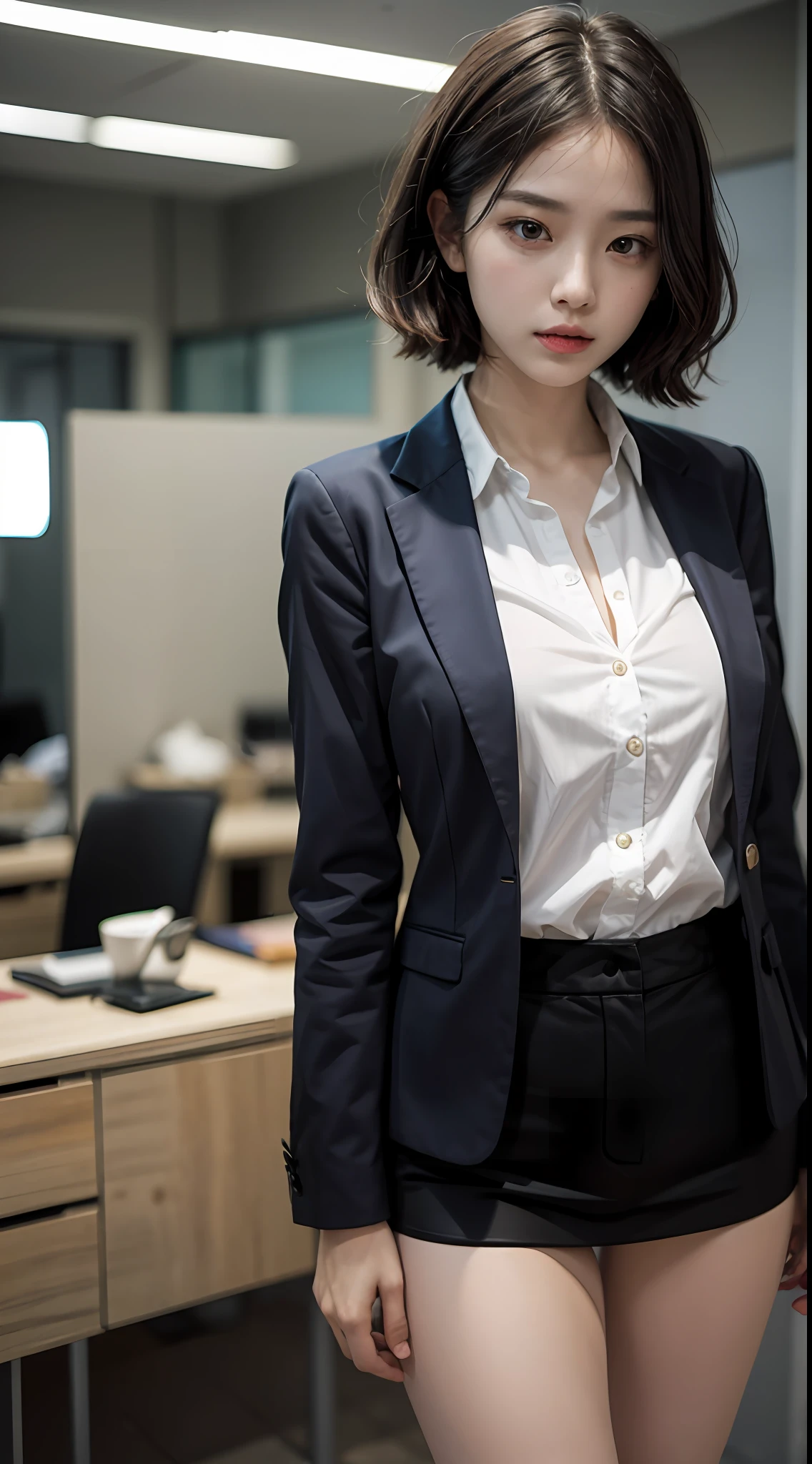 1girl in, (((shorth hair))), Business suits,(masterpiece, top-quality, Near and far law), beautiful expression, in 8K, Raw foto, Photorealsitic, film grains, chromatic abberation, hight resolution, ultra-detailliert, finely detail, 动态照明, Dramatic Lighting、shadowy、extremely detailed eye and face、Round pupils、Modern and luxurious office、long legged
