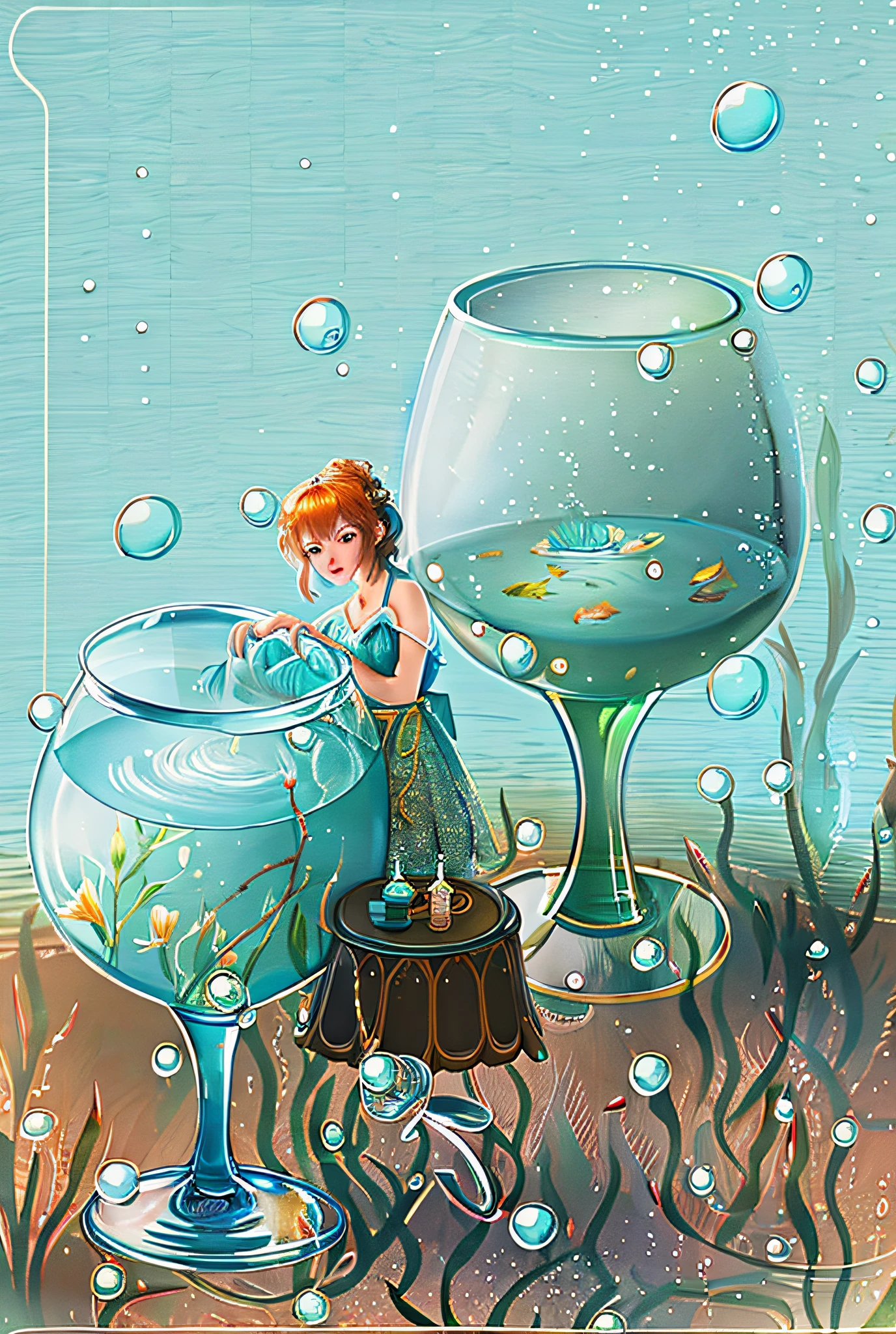 There was a woman sitting on a stool next to the fish tank, bubbly scenery, bubbly underwater scenery, Stylized digital illustration, Concept illustration, wining, foamy, Digital illustration, water fairy, blurry and dreamy illustration, vignette illustration, underwater bubbles, illustration!, wineglass, Colorful illustrations, graphic of enchanted terrarium, full-colour illustration, concept illustartion