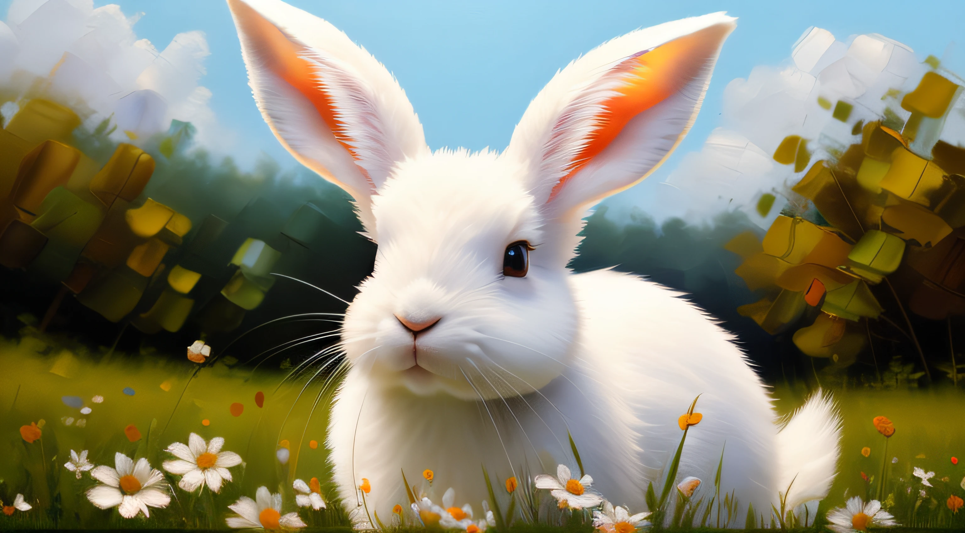 Adorable fluffy rabbit with big ears, sitting on the meadow, blue sky and lush summer forest background, super cute white bunny, hyper detailed, 32k resolution, oil on canvas, oil painting, highest quality, bright, sunny, colorful, summer day, ethereal, wall paper