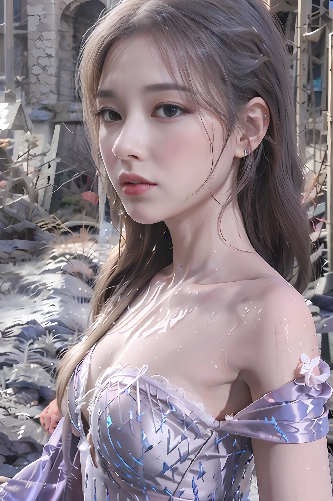 Gentle and beautiful woman, half body photo, delicate and sexy collarbone, charming oval face, double eyelids, smart peach blossom eyes, pink lips, small nose, bare shoulders, focused face, face close-up, ultra-high-definition, super Details, elegant standing posture, gray blue high-value cross beautiful back underwear women's no steel ring small chest push-up sexy breast adjustable bra set