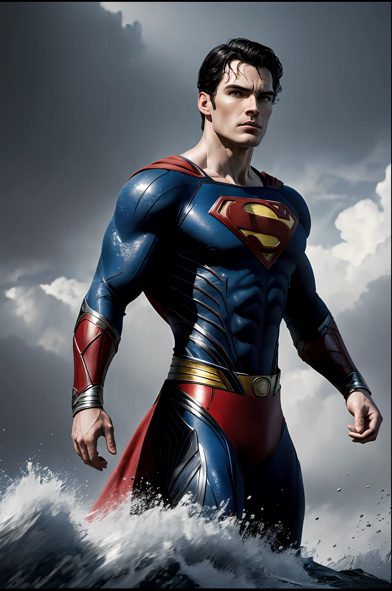 (8k, RAW photo, best quality, masterpiece:1.2), ultra detailed, official art, photo-realistic:1.37, upper body shot, Superman film grain, action pose