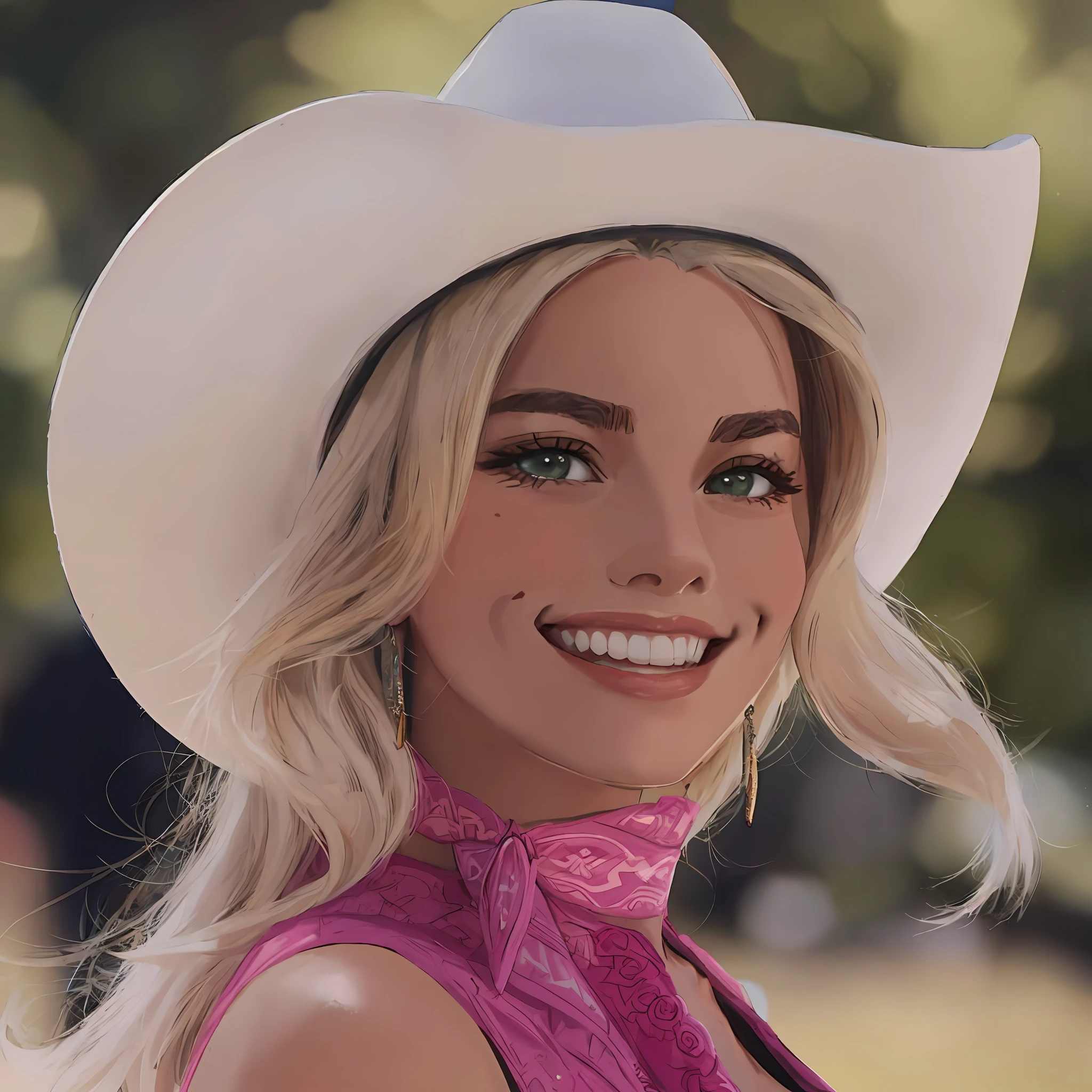 Blonde woman wearing a cowboy hat and pink dress smiling, pink cowboy hat, 🐎🍑, vaqueira, white cowboy hat, Cowgirl ocidental, vaca-menina, Foto de Margot Robbie, Female cowgirl, Margot Robbie em GTA v, Margot Robbie, Operadora de Neon Margot Robbie, wearing a cowboy hat, Retrato de Margot Robbie, Kailee Mandel, Retrato de Sofia Vergara