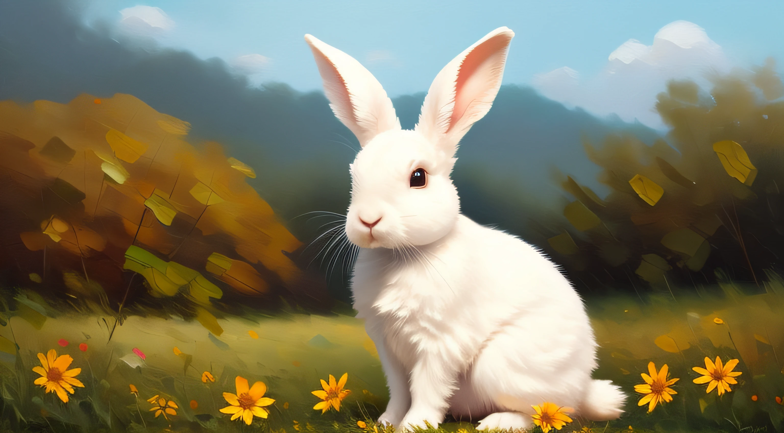 Adorable fluffy rabbit with big ears, sitting on the meadow, blue sky and lush summer forest background, super cute white bunny, hyper detailed, 32k resolution, oil on canvas, oil painting, highest quality, bright, sunny, colorful, summer day, ethereal, wall paper