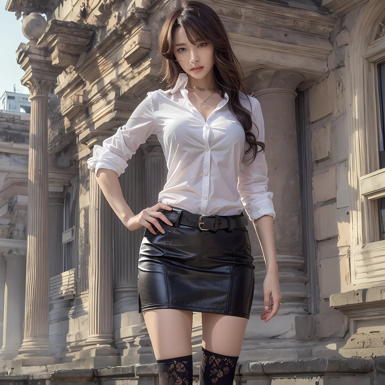 (top-quality、hight resolution、​masterpiece:1.3)、Tall and cute woman、Slender Abs、Dark brown hair styled in loose waves、breastsout、Wearing a pendant、White button-up shirt、a belt、Black leather tight skirt、(Modern architecture in background)、Details exquisitely rendered in the face and skin texture、A detailed eye、二重まぶた