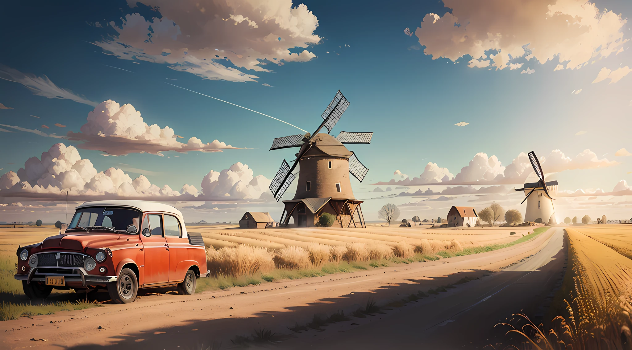 "Retro red car driving along dusty dirt road，Walk through golden wheat fields，An old windmill in the background, Under a sunny sky，Fluffy clouds."