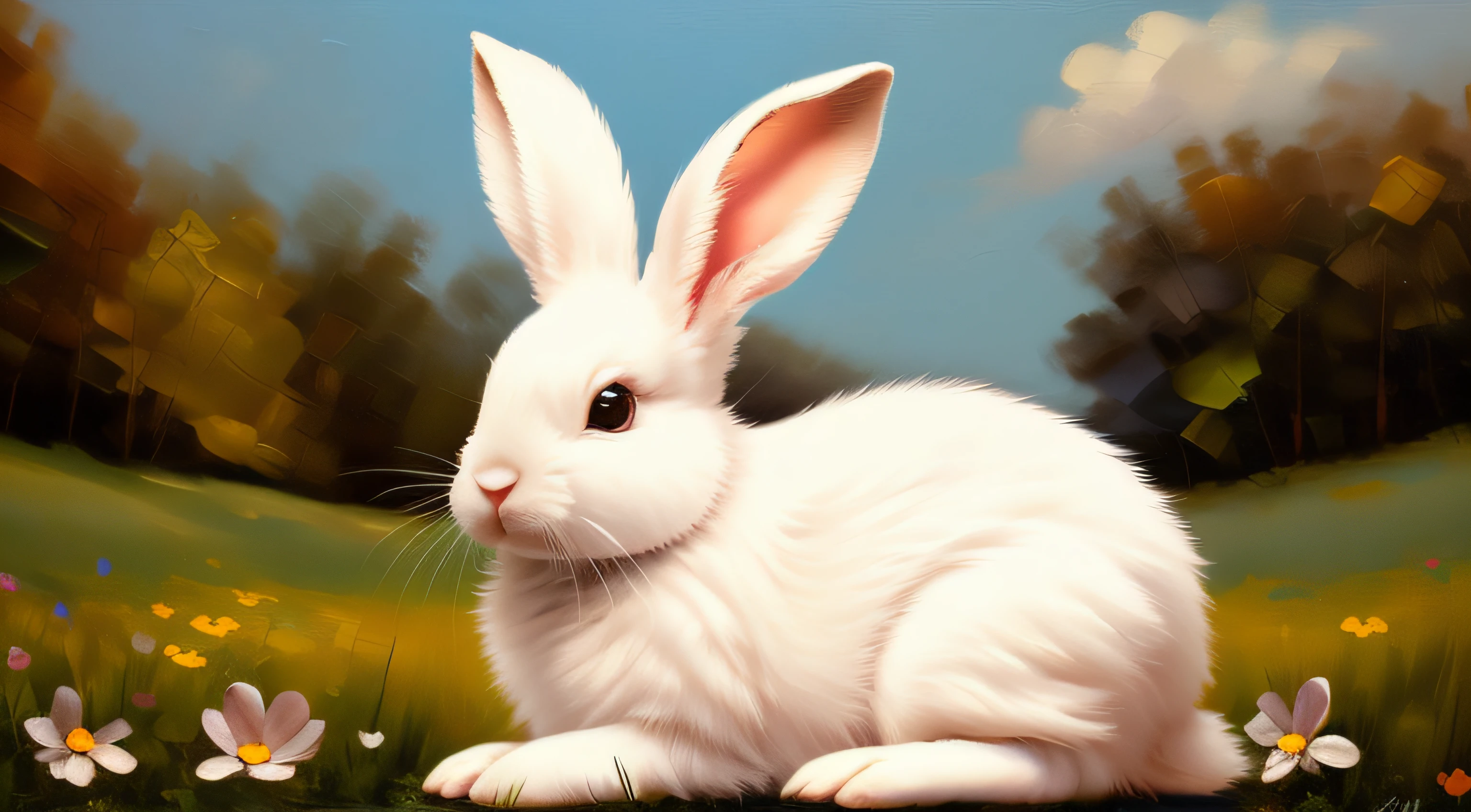 Adorable fluffy rabbit with big ears, sitting on the meadow, blue sky and lush summer forest background, super cute white bunny, hyper detailed, 32k resolution, oil on canvas, oil painting, highest quality, bright, sunny, colorful, summer day, ethereal, wall paper