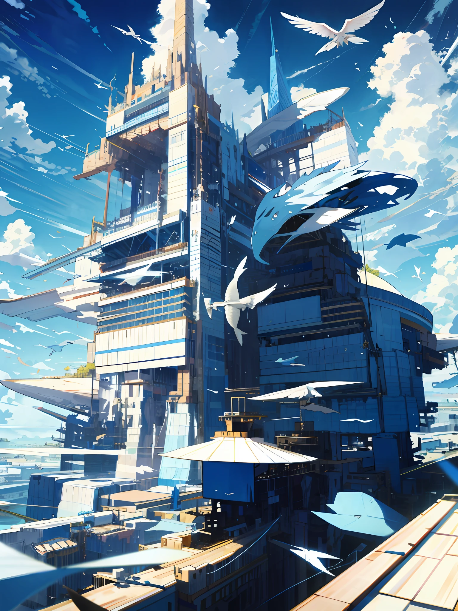 Strange creatures soar in the blue sky,High floor stack,The perspective of looking up,The sky is hazy。