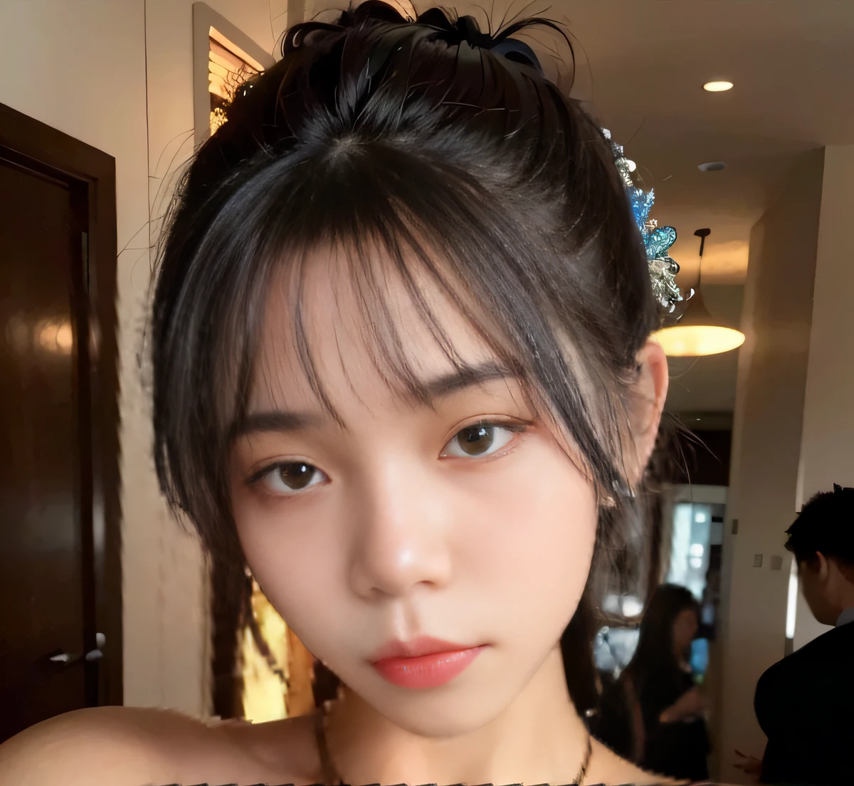 masterpiece, best quality, 1girl, aqua eyes, black hair, closed mouth, multicolored background, looking at viewer, outdoors, solo, upper body, alluring, clean, beautiful face, pure face, pale skin, sexy pose,((tube top, off shoulder, navel, shorts)), long hair, ((perfect female figure)), mature female, milf, narrow waist, chinese deity, seductive, highly detailed,best quality, masterpiece, highres, original, extremely detailed 8K wallpaper,masterpiece, best quality, illustration, beautifully detailed eyes, cinematic lighting,