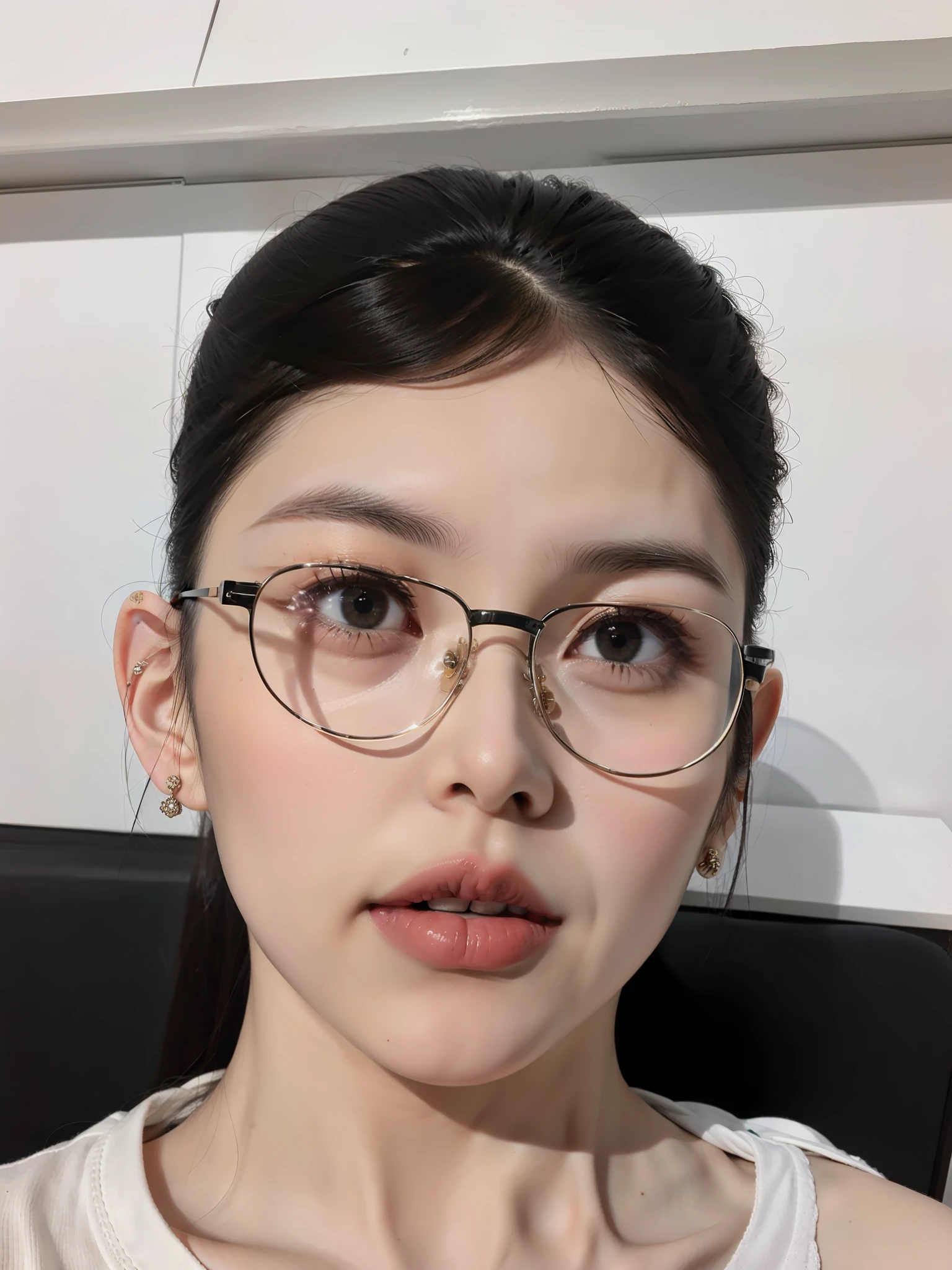 femele，Black glasses frame，黑The eye，inch hair，white  clothes。