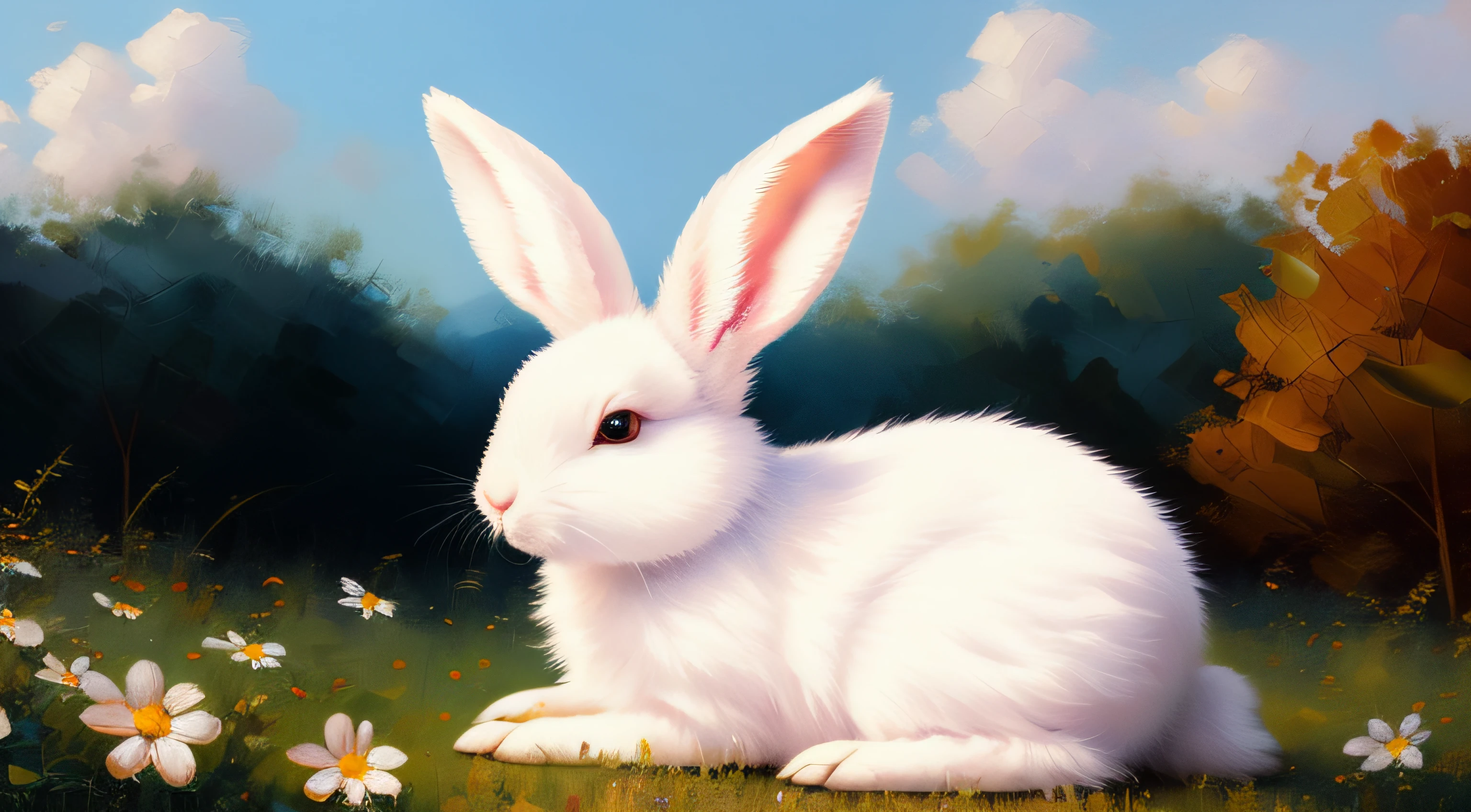 Adorable fluffy rabbit with big ears, sitting on the meadow, blue sky and lush summer forest background, super cute white bunny, hyper detailed, 32k resolution, oil on canvas, oil painting, highest quality, bright, sunny, colorful, summer day, ethereal, wall paper