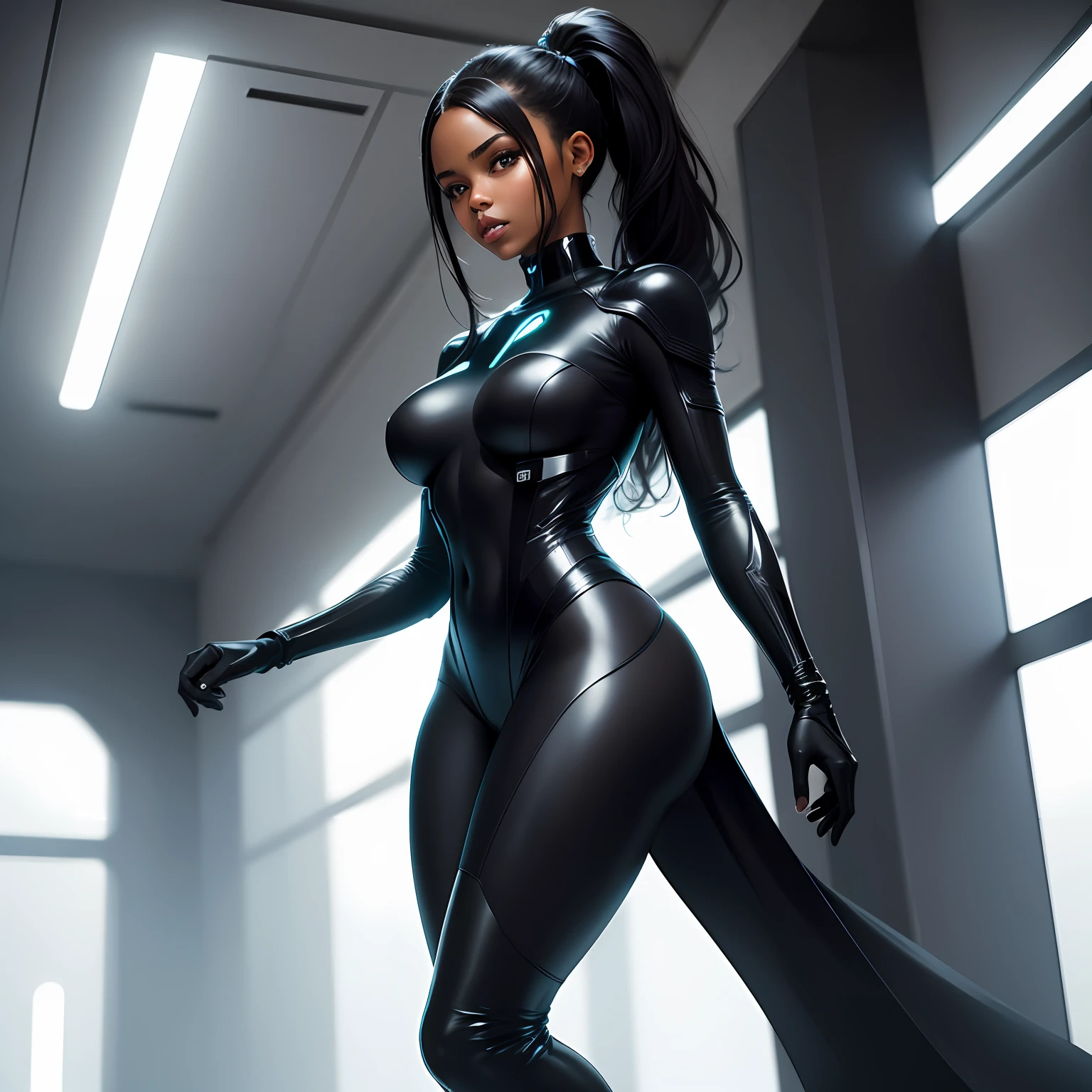 Mulher negra de costas, mostrando a bunda grande, corpo inteiro, in a minimalist and futuristic suit of elastic fabric, leds cor-de-rosa, full body, sensual, posando para uma foto, fotografia realista, Futuristic science fiction costume, modelo negra de moda futurista, mulher scifi negra, Traje minimalista e decotado, mulher futurista da moda, mulher negra bonita, usando roupas futuristas, mulher bonita, Roupas Futuristas, sci-fi feminino --auto