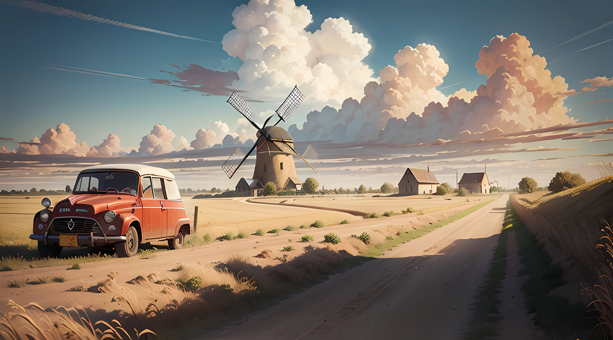 "Retro red car driving along dusty dirt road，Walk through golden wheat fields，An old windmill in the background, Under a sunny sky，Fluffy clouds."