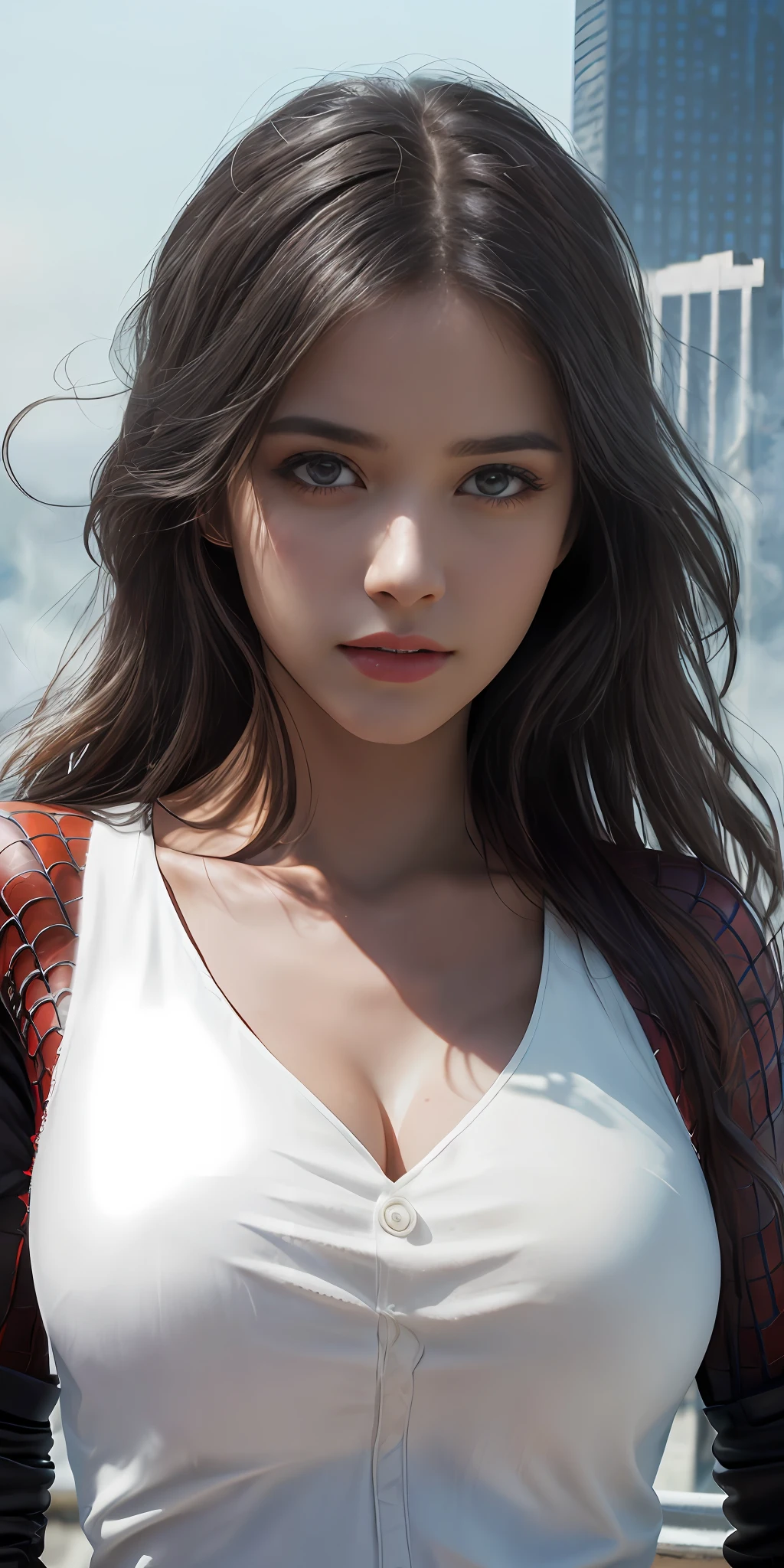 (1girl:1.3), Solo, (((Very detailed face)))), ((Very detailed eyes and face)))), Beautiful detail eyes, Body parts__, Official art, Unified 8k wallpaper, Super detailed, beautiful and beautiful, beautiful, masterpiece, best quality, original, masterpiece, super fine photo, best quality, super high resolution, realistic realism, sunlight, full body portrait, amazing beauty, dynamic pose, delicate face, vibrant eyes, (from the front), She wears Spider-Man suit, red and black color scheme, spider, very detailed city roof background, rooftop, overlooking the city, detailed face, detailed complex busy background, messy, gorgeous, milky white, highly detailed skin, realistic skin details, visible pores, clear focus, volumetric fog, 8k uhd, DSLR, high quality, film grain, fair skin, photo realism, lomography, futuristic dystopian megalopolis, translucent, large breasts:1.3, huge breasts:1.2, sfw