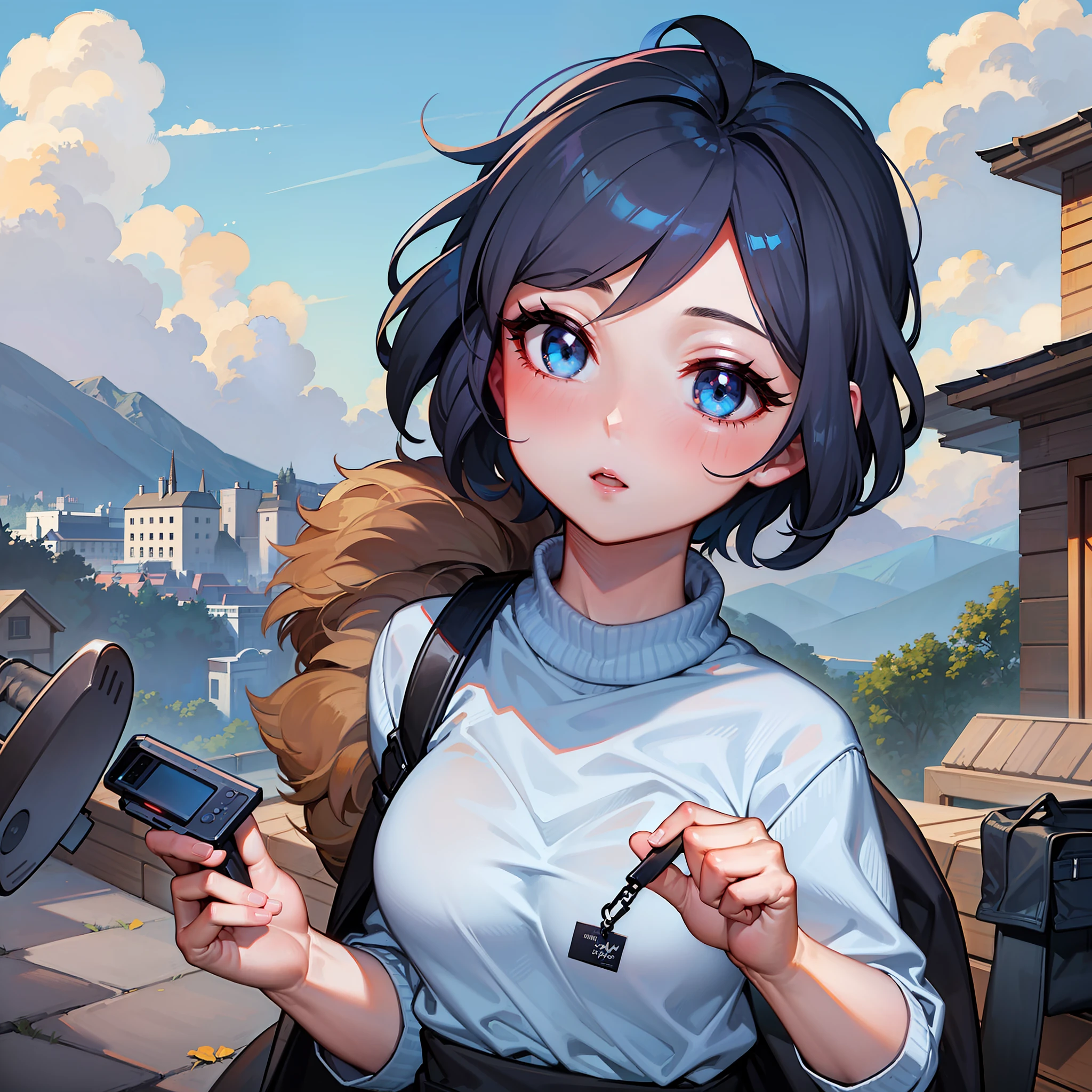 1 girl, cool girl, baddas girl, brown-navy hair, wolf cut hair, short hair, blue eyes, use white sweater