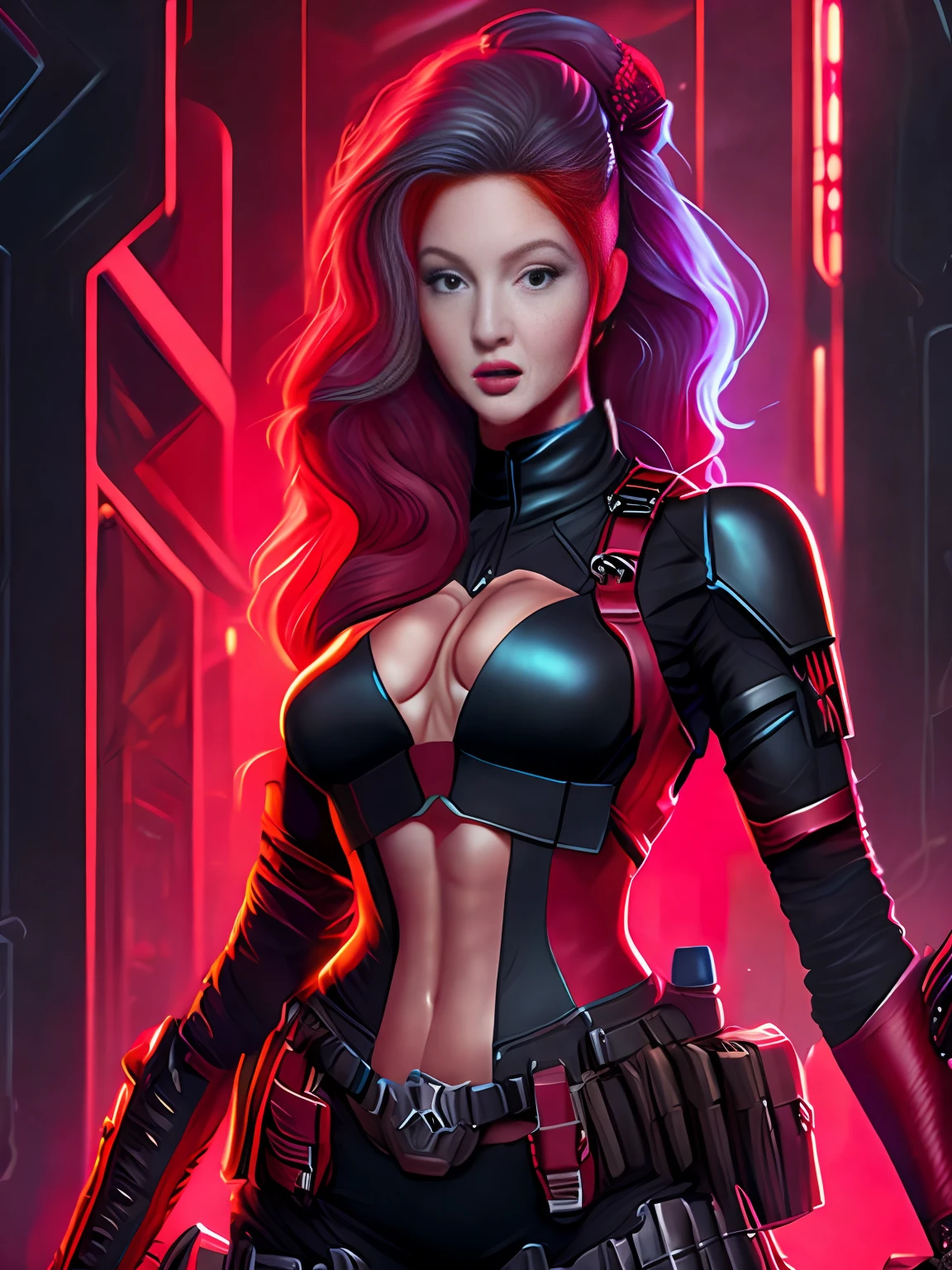 Mulher vestida com o uniforme do Deadpool da Marvel, no mask on, terno preto e vermelho, terno de spandex apertado, 2 katanas hanging behind the back, chest straps, pistolas na cintura, crescimento completo, hiper-realista, pequenos detalhes insanos, Extremely sharp lines, aesthetic cyberpunk, uma obra-prima apresentada no Zbrush Central, pintura fotorrealista, intrincado, 8K, muito detalhado, Three-dimensional lighting, pintura digital, Sharp and intense focus, obras de Artgerm E. Rutkowski e Alphonse Mucha, CGsociety
