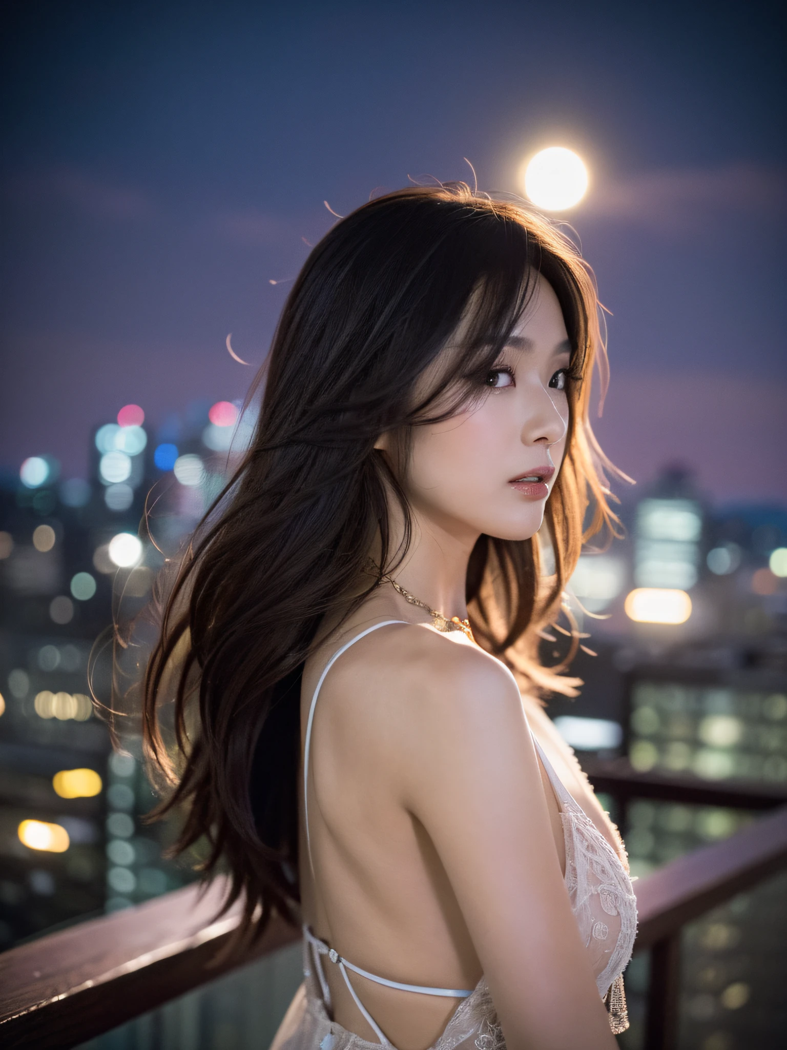 (8k、RAW Photos、top-quality、​masterpiece:1.2)、(realisitic、Photorealsitic:1.37)、女の子1人、japanes、25-years old、femele、deep in the night、Moon Night、The rooftop of a building overlooking the town、Night sky with the moon shining、photon maping、Radio City、Dark brown hair、(full bodyesbian)、详细的脸、Detailed lips、detailedeyes、More skin、二重まぶた、(huge-breasted:1.5)、(see-through dresses、Dress with wide open chest)、(no-bra)、(No panties)、a necklace、high-heels、(cammel toe)、perfectbody、shinny skin、sexypose、sexy facial expression、Make eye contact with the camera