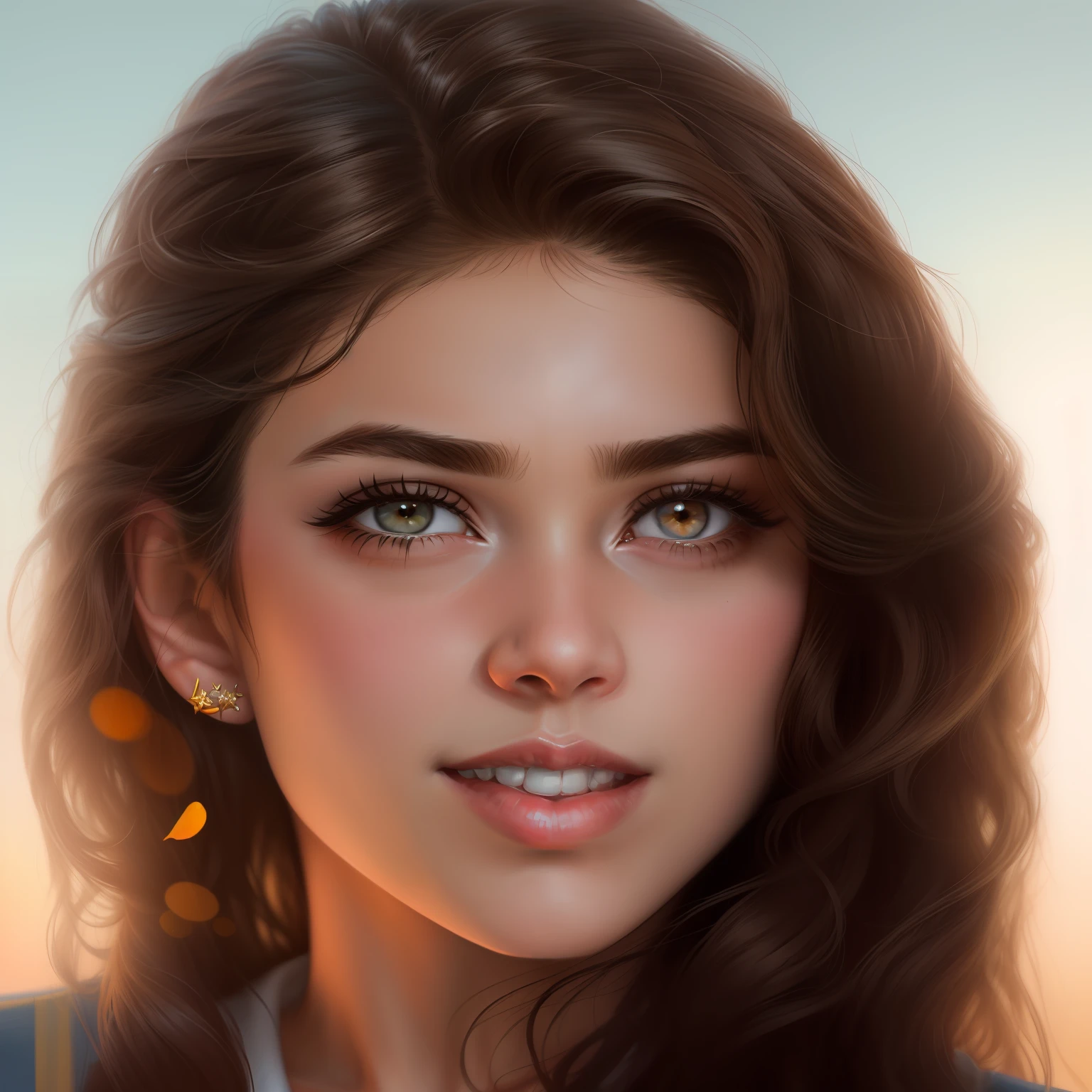 a close up of a girl ("Sarah Hyland") with long hair, thick eyebrows and almond eyes, ultra realistic portrait, photorealistic beautiful face, hyper realistic portrait, photorealistic portrait, photo realistic portrait, hyper realistic digital painting, realistic portrait, hyperrealistic portrait, realistic portrait photo, hyperrealistic teen, hyper-detailed portrait, hyperrealistic beautiful face, realistic cute girl painting, digital art. photo realistic