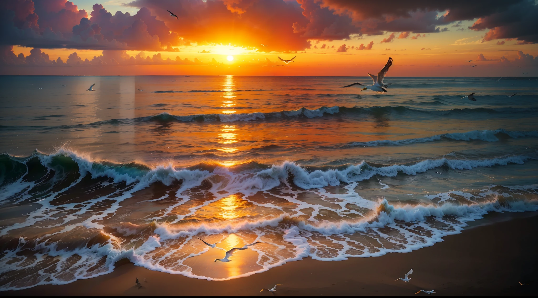 An absolutely mesmerizing sunset on the beach, with a mix of orange, pink, and yellow in the sky. The water is crystal clear, gently kisses the coast, and the white sand is endless. The scene is dynamic and breathtaking, with seagulls soaring high in the sky and palm trees swaying softly. Immerse yourself in the calm atmosphere and let the serenity surround you.