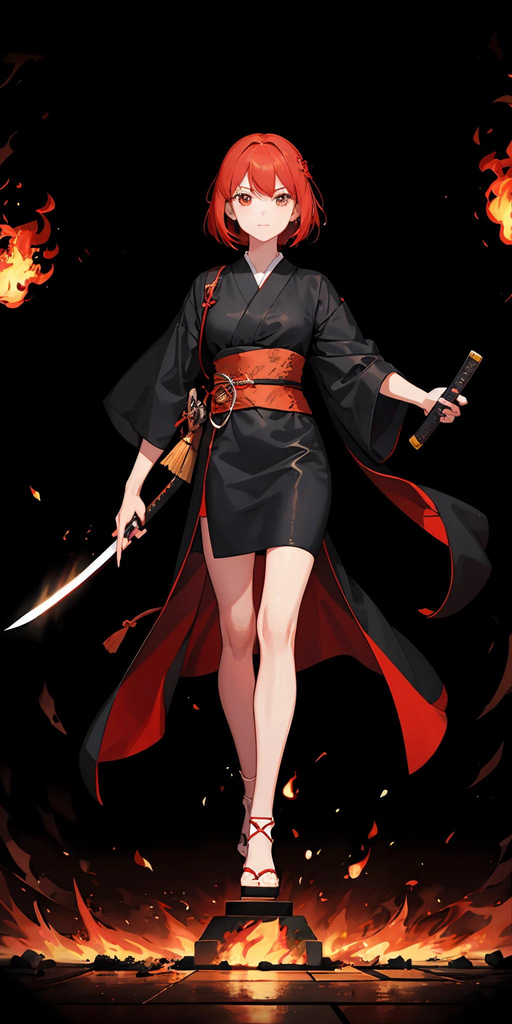 1girl,red hair, flaming eye, katana, flames, burning houses, glowing, sidelighting, wallpaper,Crucified,