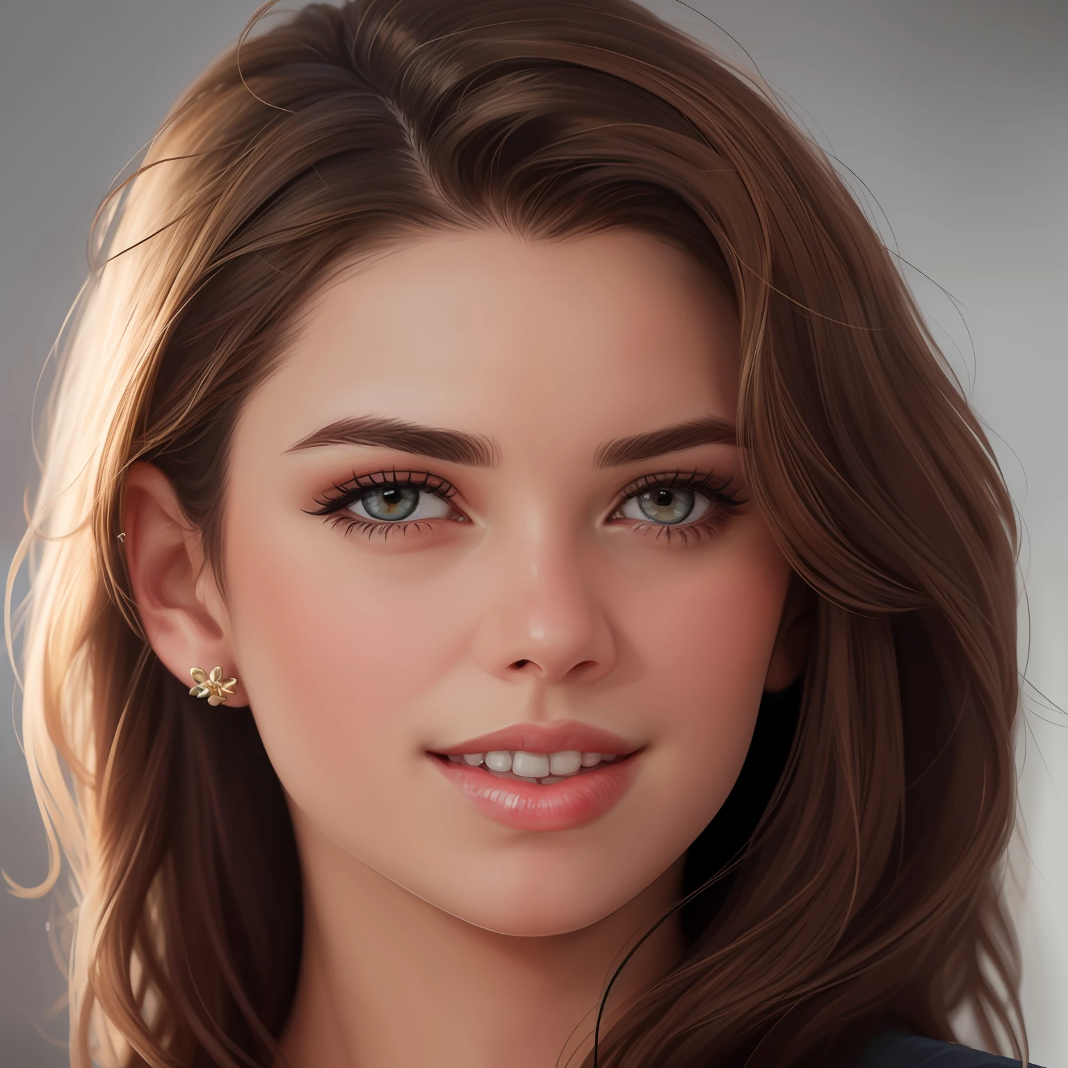 a close up of a girl ("Sarah Hyland") with long hair, thick eyebrows and almond eyes, ultra realistic portrait, photorealistic beautiful face, hyper realistic portrait, photorealistic portrait, photo realistic portrait, hyper realistic digital painting, realistic portrait, hyperrealistic portrait, realistic portrait photo, hyperrealistic , hyper-detailed portrait, hyperrealistic beautiful face, realistic cute girl painting, digital art. photo realistic
