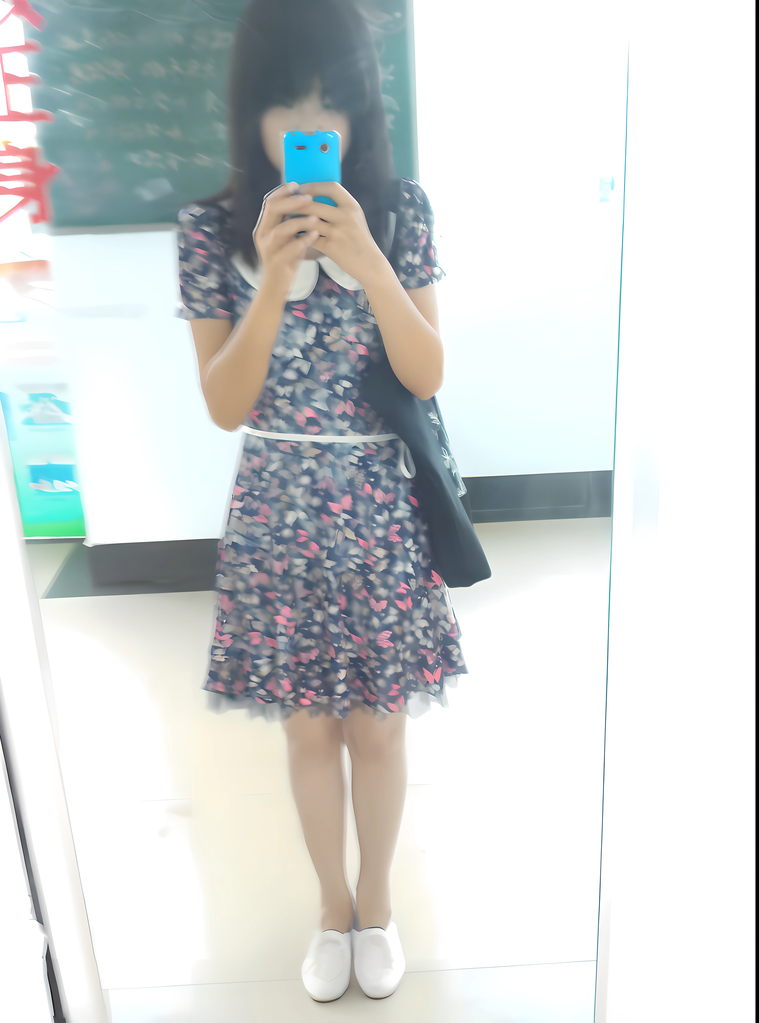 there is a woman taking a picture of herself in the mirror, wearing a long flowery dress, full body!, flowery dress, loli in dress, Full body picture, full body wide shot, Flower dress, wearing in a summer dress, wearing dresses, full body! Pretty face, Wearing a dress, wearing a blue qipao dress, Floral!