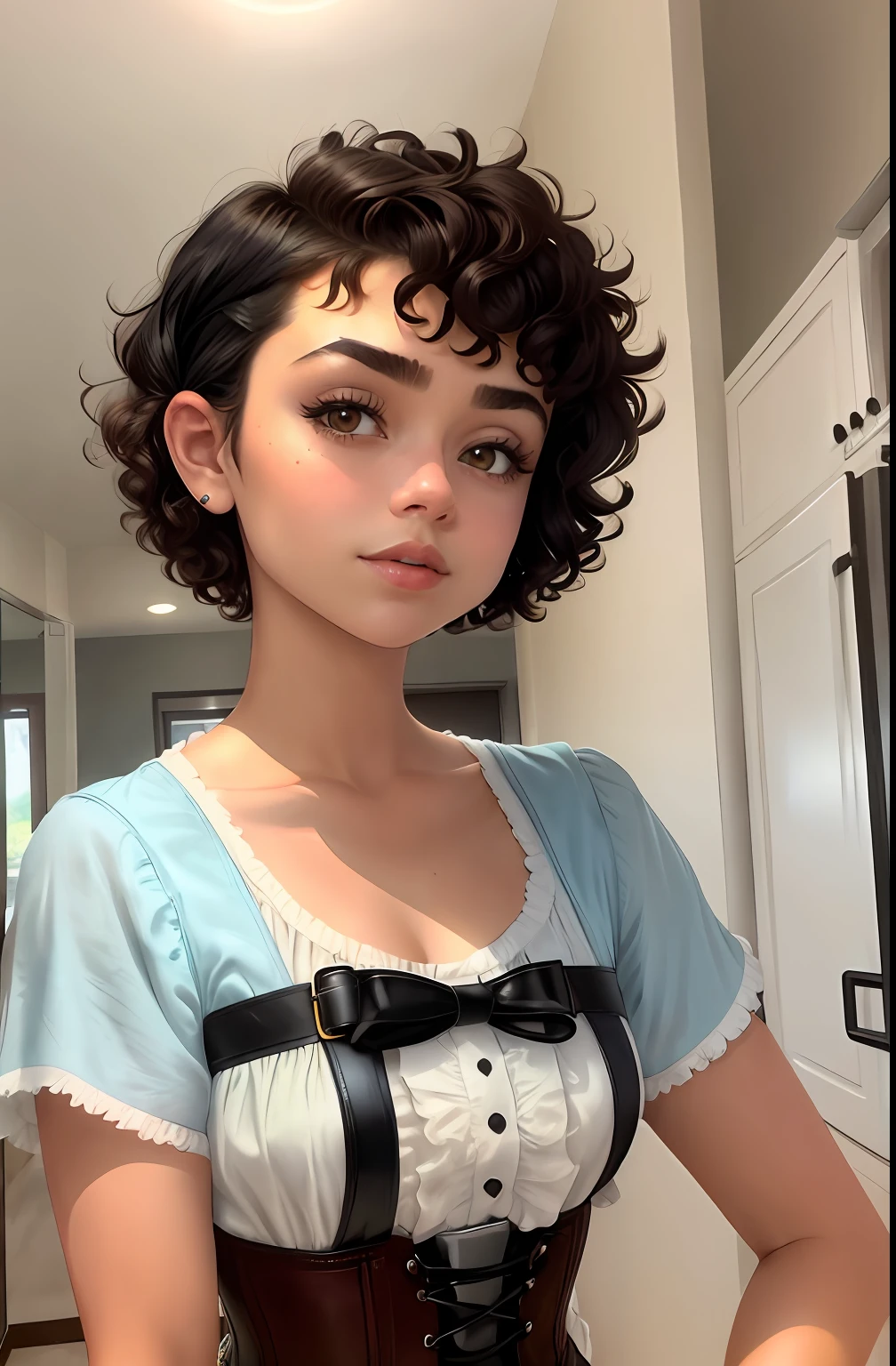 a color photo of a girl ("Sarah Hyland") in a corset, thick eyebrows and almond eyes, curly and short top black hair, wavy and short top hair, wavy short hair, curly pixie cut hair, short curly hair, curly pixie hair, short wavy hair, short curly black haired girl, wavy short hazel hair, with short hair with bangs, very short curly hair, pixie haircut wlop