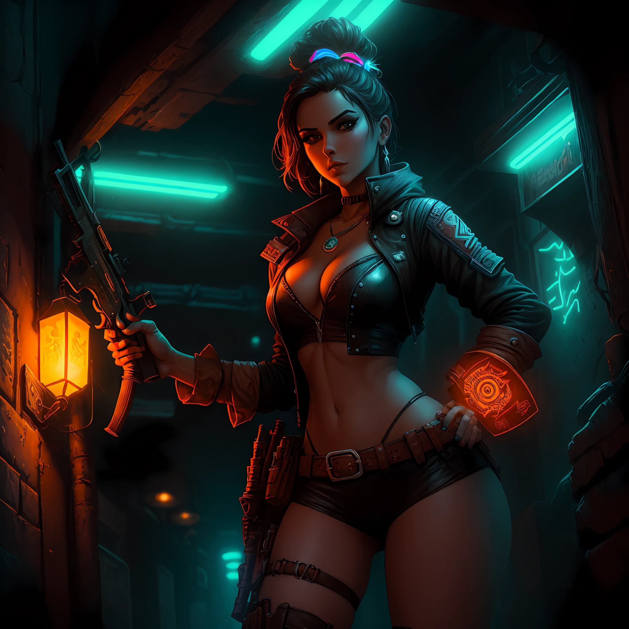 tantalizing late night bright neon colorful whimsical tantalizing Borderlands Viking Cowgirl Bounty Hunter female exotica on glowing fine detail stained neon glass, composition by Frank Frazetta --ar 9:16 --s 150 --v 5.2 --c 45 --auto