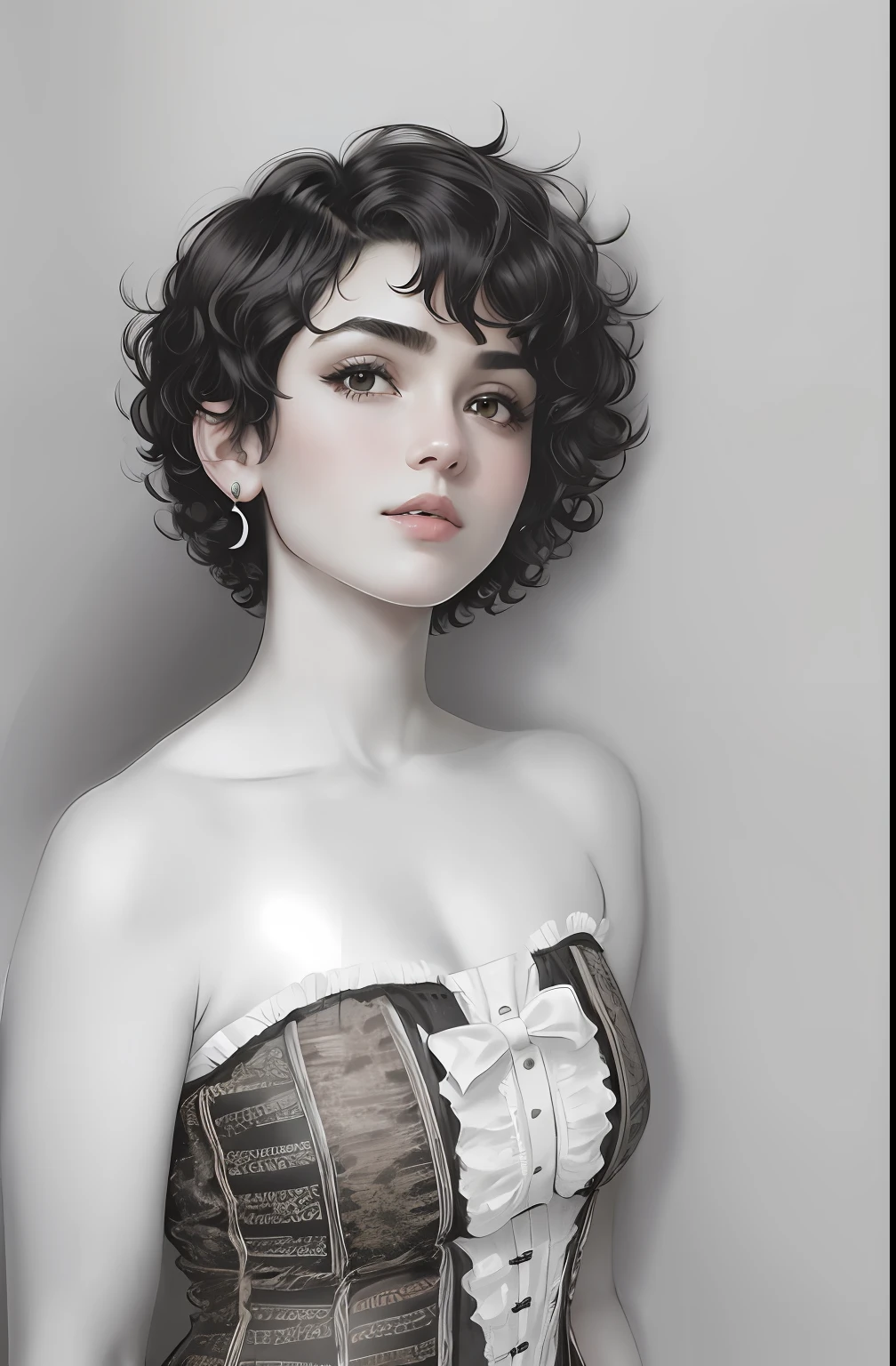 a color photo of a girl in a corset, thick eyebrows and almond eyes, curly and short top black hair, wavy and short top hair, wavy short hair, curly pixie cut hair, short curly hair, curly pixie hair, short wavy hair, short curly black haired girl, wavy short hazel hair, with short hair with bangs, very short curly hair, pixie haircut wlop