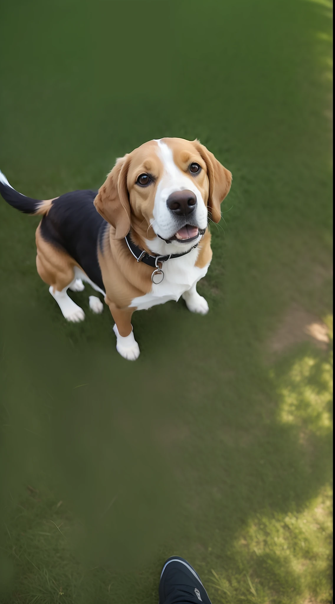 Araffe the dog sits on the grass and looks at the camera, cute beagle, looking straight at camera, looking away from camera, a wide full shot, looking straight at camera, looking away from the camera, Looking defiantly at the camera, Let's move on to the camera, Let's move on to the camera, looking up at the camera, on front, facing the camera
