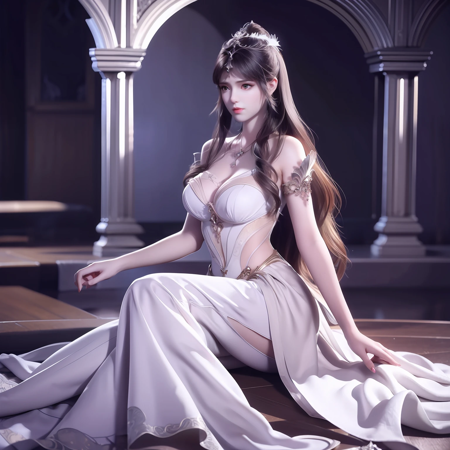full body,beautiful hands, perfect hands, fingernails,ultra realistic 8k cg, picture-perfect face, flawless, clean, masterpiece, professional artwork, famous artwork, cinematic lighting, cinematic bloom, perfect face, beautiful face, beautiful eyes, fantasy, dreamlike, unreal, science fiction, huge breasts, beautiful clothes, lace, lace trim, lace-trimmed legwear, (rich:1.4), prestige, luxury, jewelry, diamond, gold, pearl, gem, sapphire, ruby, emerald, intricate detail, delicate pattern, charming, alluring, seductive, erotic, enchanting, hair ornament, necklace, earrings, bracelet, armlet,halo, ((1girl:1.8, ))