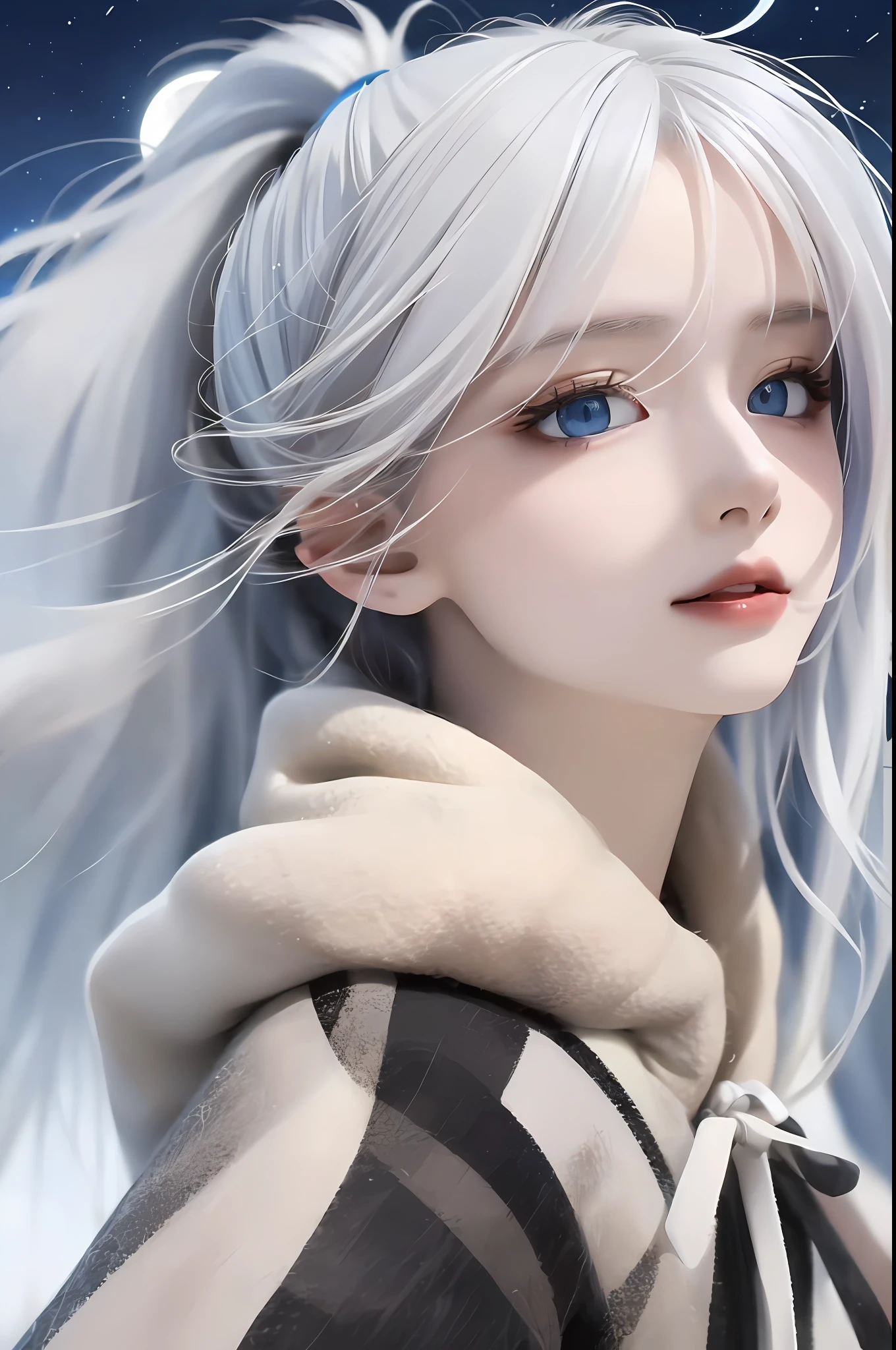 masterpiece, (best quality:1.2), (ultra-detailed:1.2), illustration, (an extremely delicate and beautiful:1.2),cinematic angle,floating, (beautiful detailed eyes:1.1), (detailed light:1.1),cinematic lighting, beautifully detailed sky, women, white hair, blue eyes, (high ponytail:1.1), cloak, glowing eyes, (moon:1.2), (moonlight:1.1), starry sky, (lighting particle:1.1), fog, snow painting, sketch, bloom