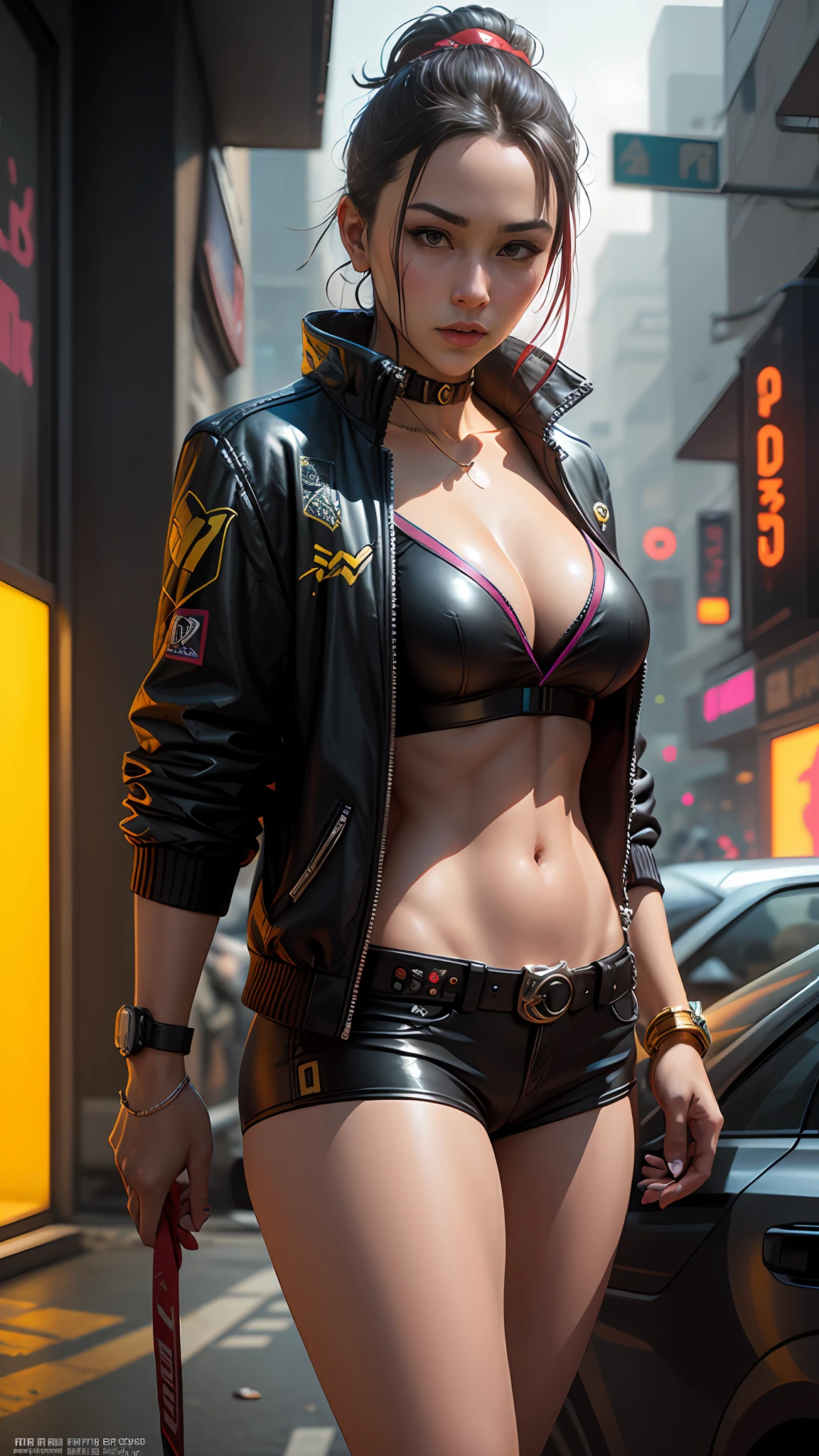 a painting of a Shinzo Abe, background, style of cyberpunk 2077, band of gold round his breasts --auto