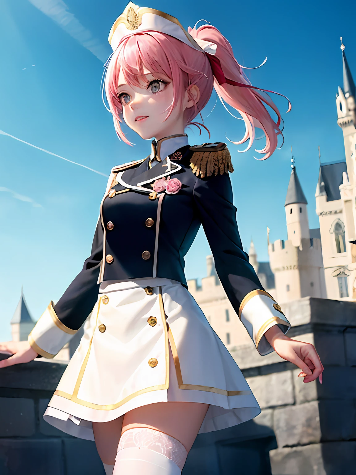 1girll, Single person， (Masterpiece:1.1), (Best quality:1.1),  Break [Blue:Pink:0.5] Theme, Cowboy shot,Cinematic light， The upper part of the body，Positive perspective，Pink long single ponytail，Exquisite facial features，Amber eyes, white hair ribbon，golden headdress，White top，Military uniform tops，Pink epaulettes，Pink miniskirt，White mid-tube boots，Pink over-the-knee socks，standing on your feet，beckon，Castle background