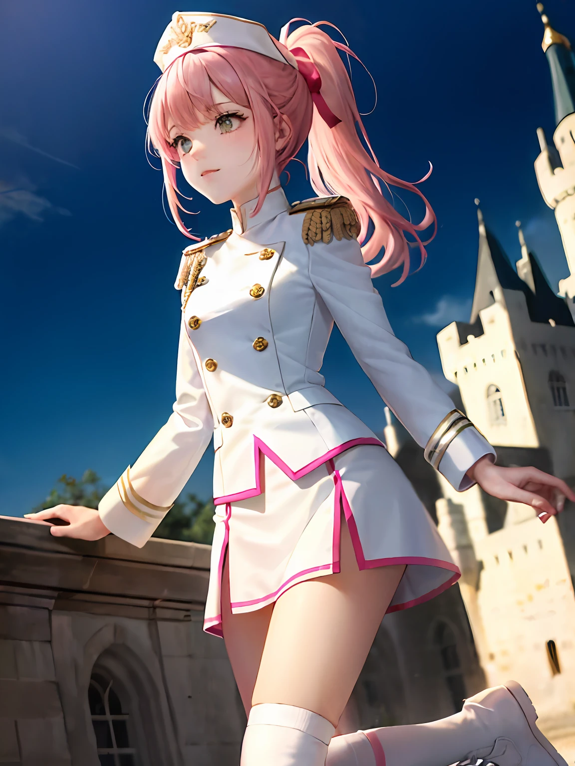1girll, Single person， (Masterpiece:1.1), (Best quality:1.1),  Break [Blue:Pink:0.5] Theme, Cowboy shot,Cinematic light， The upper part of the body，Positive perspective，Pink long single ponytail，Exquisite facial features，Amber eyes, white hair ribbon，golden headdress，White top，Military uniform tops，Pink epaulettes，Pink miniskirt，White mid-tube boots，Pink over-the-knee socks，standing on your feet，beckon，Castle background