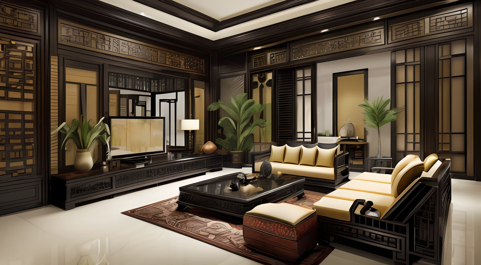 (( masterpiece)) (( ultral realistic)) (( sharp forcus)) (( high detail)) livingroom in indochina style,china , vietnam, black wooden furniture, wallpaper, pattern,glossy, ceramic tiles floor,cushion, pillow