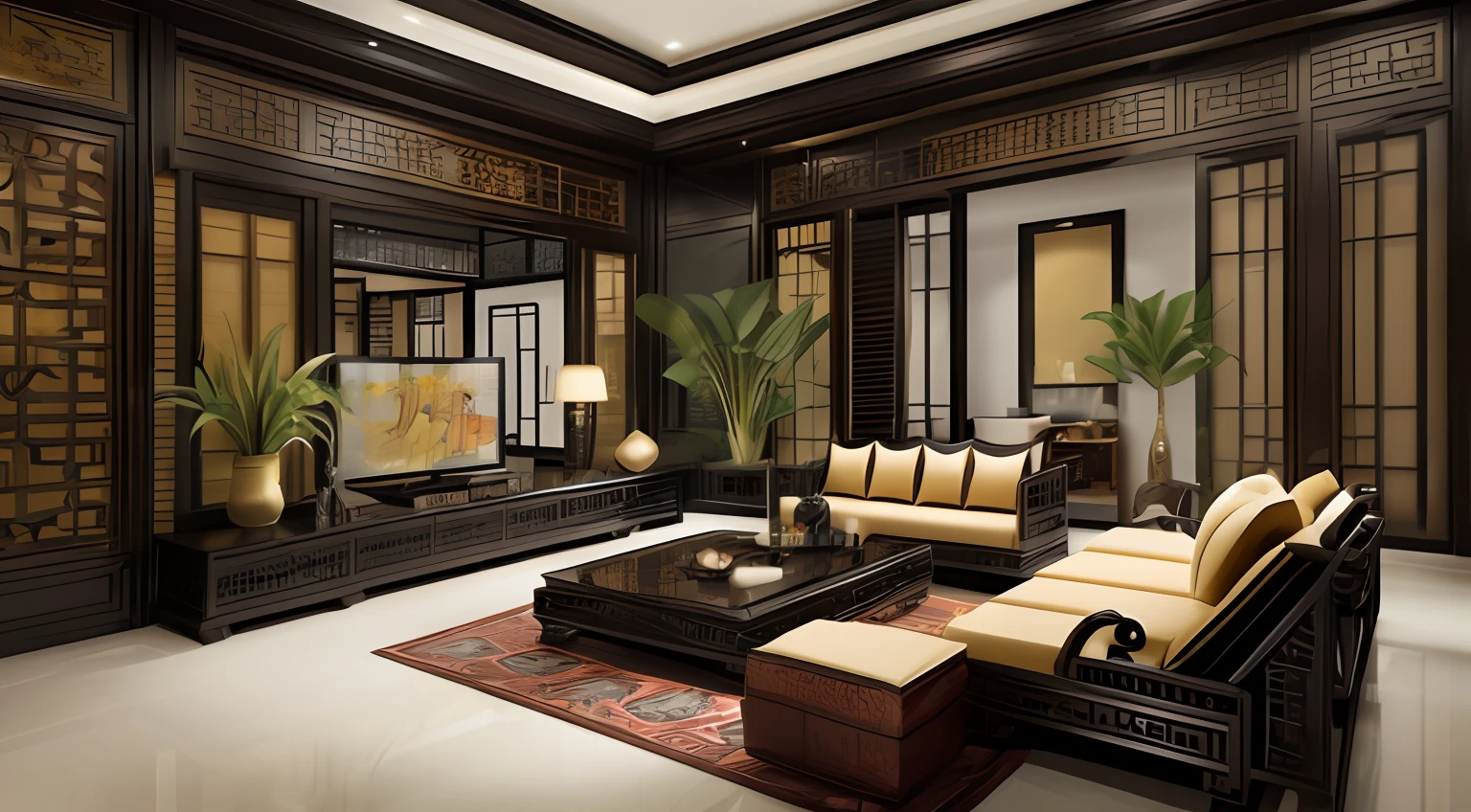 (( masterpiece)) (( ultral realistic)) (( sharp forcus)) (( high detail)) livingroom in indochina style,china , vietnam, black wooden furniture, wallpaper, pattern,glossy, ceramic tiles floor,cushion, pillow