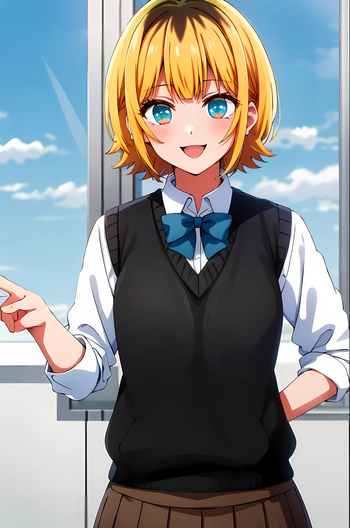 masterpiece, hightquality, Hi-Res, MEMcho, 1girl in, 独奏, cowboy shot, skirt by the, Brown skirt, Black vest, Sweater Vest, Black shirt, Blue bow tie、The upper part of the body、a smile