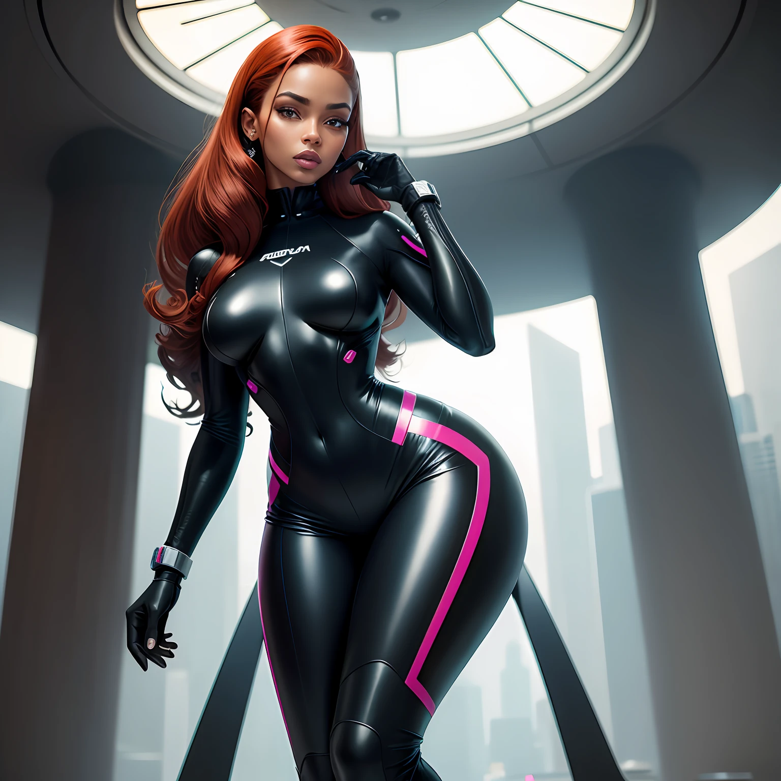 Duas mulheres, uma negra de costas, mostrando a bunda grande, outra mulher ruiva, gostosa, corpo inteiro, in a minimalist and futuristic suit of elastic fabric, leds cor-de-rosa, full body, sensual, posando para uma foto, fotografia realista, Futuristic science fiction costume, modelo negra de moda futurista, modelo ruiva de moda futurista mulher scifi negra, Traje minimalista e decotado, duas mulheres futuristas da moda, mulher negra bonita, mulher ruiva bonita, usando roupas futuristas, mulher bonita, Roupas Futuristas, sci-fi feminino --auto